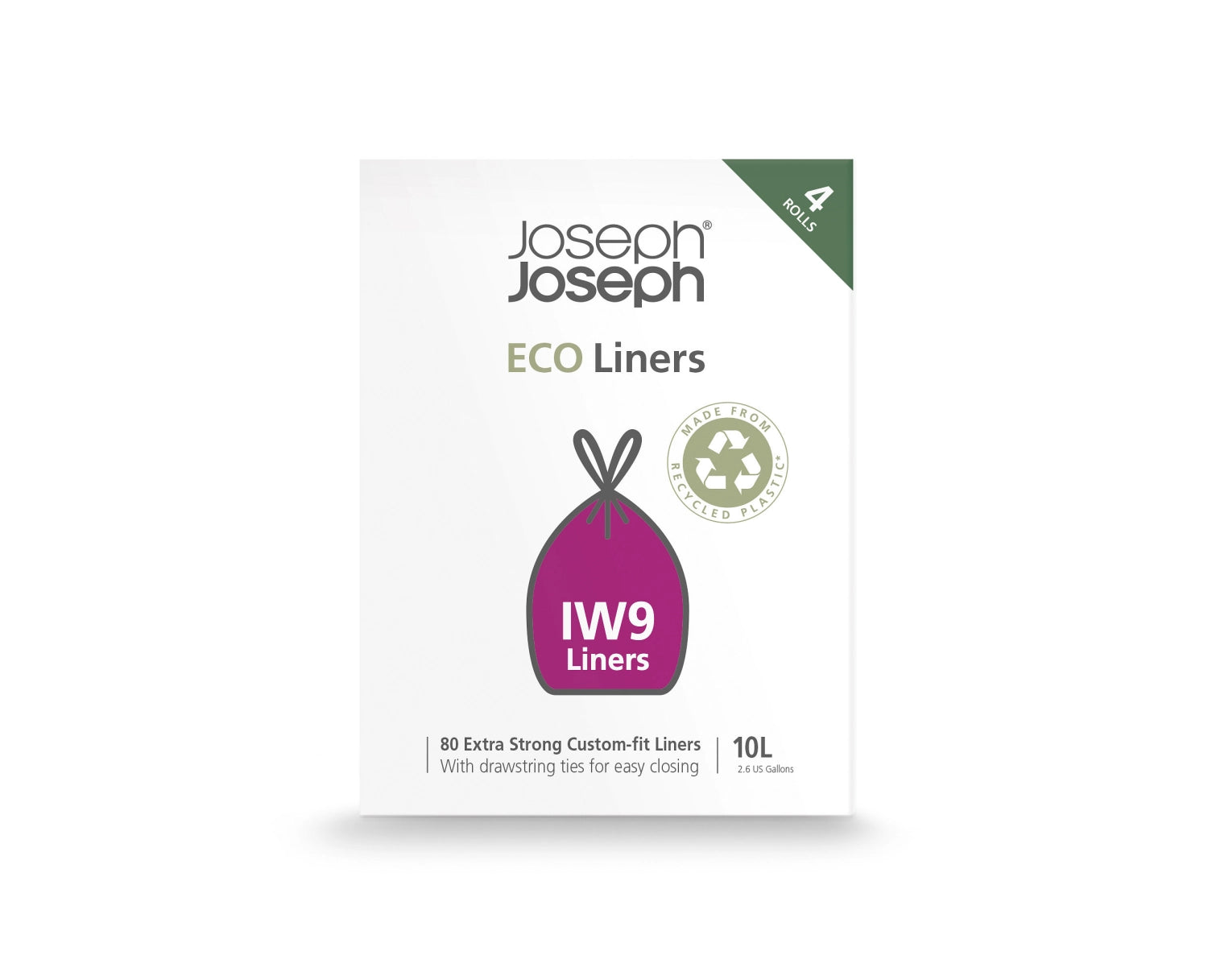 80 Stück IW9 Eco Liners Abfallsäcke von Joseph Joseph, aus recyceltem Material, ideal für umweltfreundliche Müllentsorgung im 10l Format.