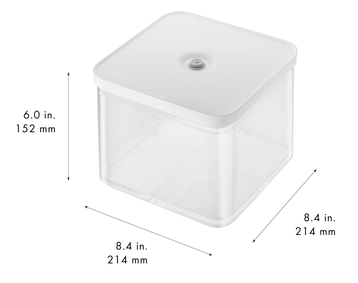 Transparente 2l Vakuum-Box Fresh & Save CUBE von Zwilling, ideal zur Aufbewahrung von Lebensmitteln und zur Reduzierung von Abfall.