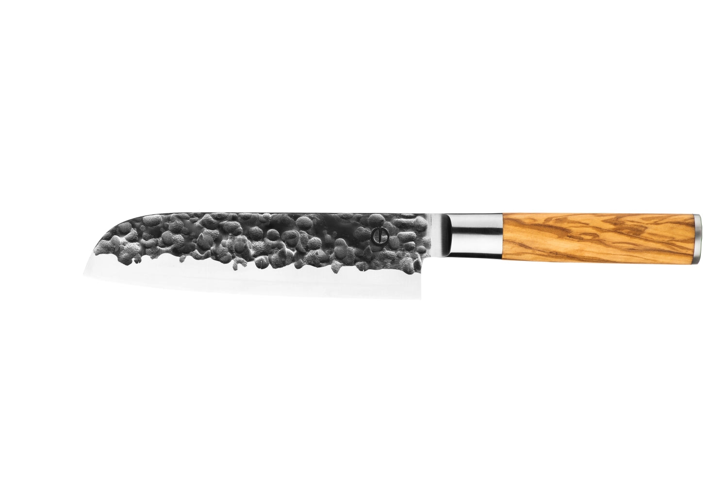Elegantes Santokumesser mit 18 cm Klinge aus edlem Olivenholz, ideal für präzise Schneidetechniken in der modernen Küche.