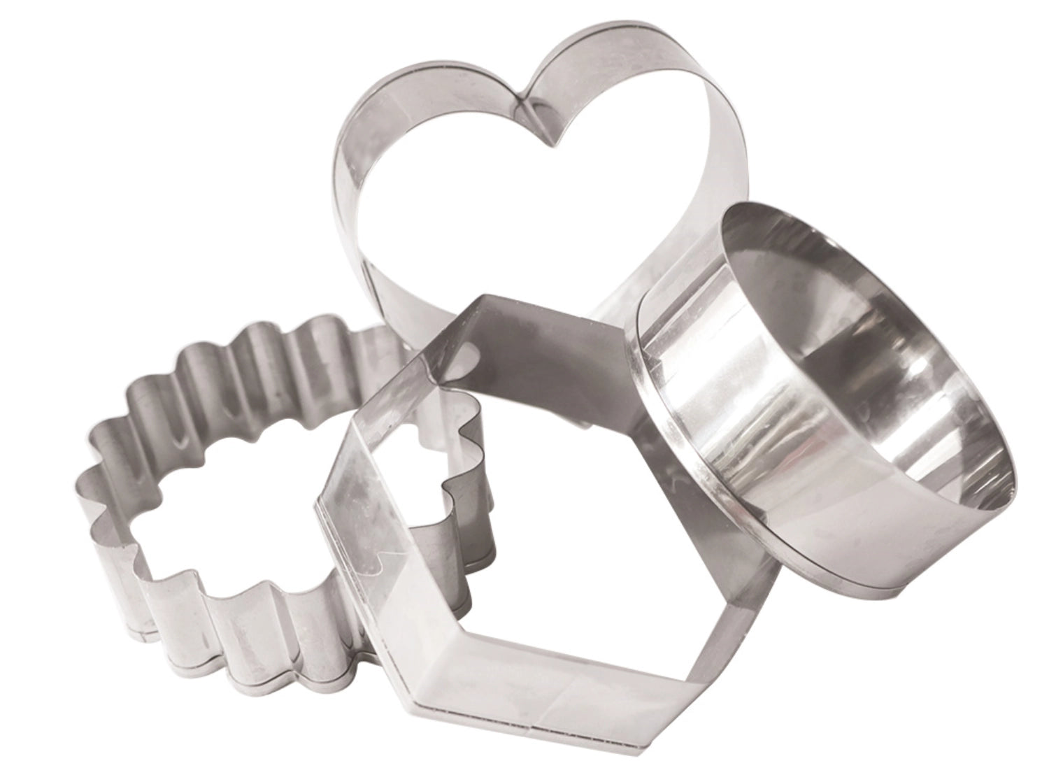 Praktisches 4er Set Ausstecher aus Edelstahl von Scrap Cooking, ideal zum Ausstechen von Plätzchen und Dekorationen in verschiedenen Formen.