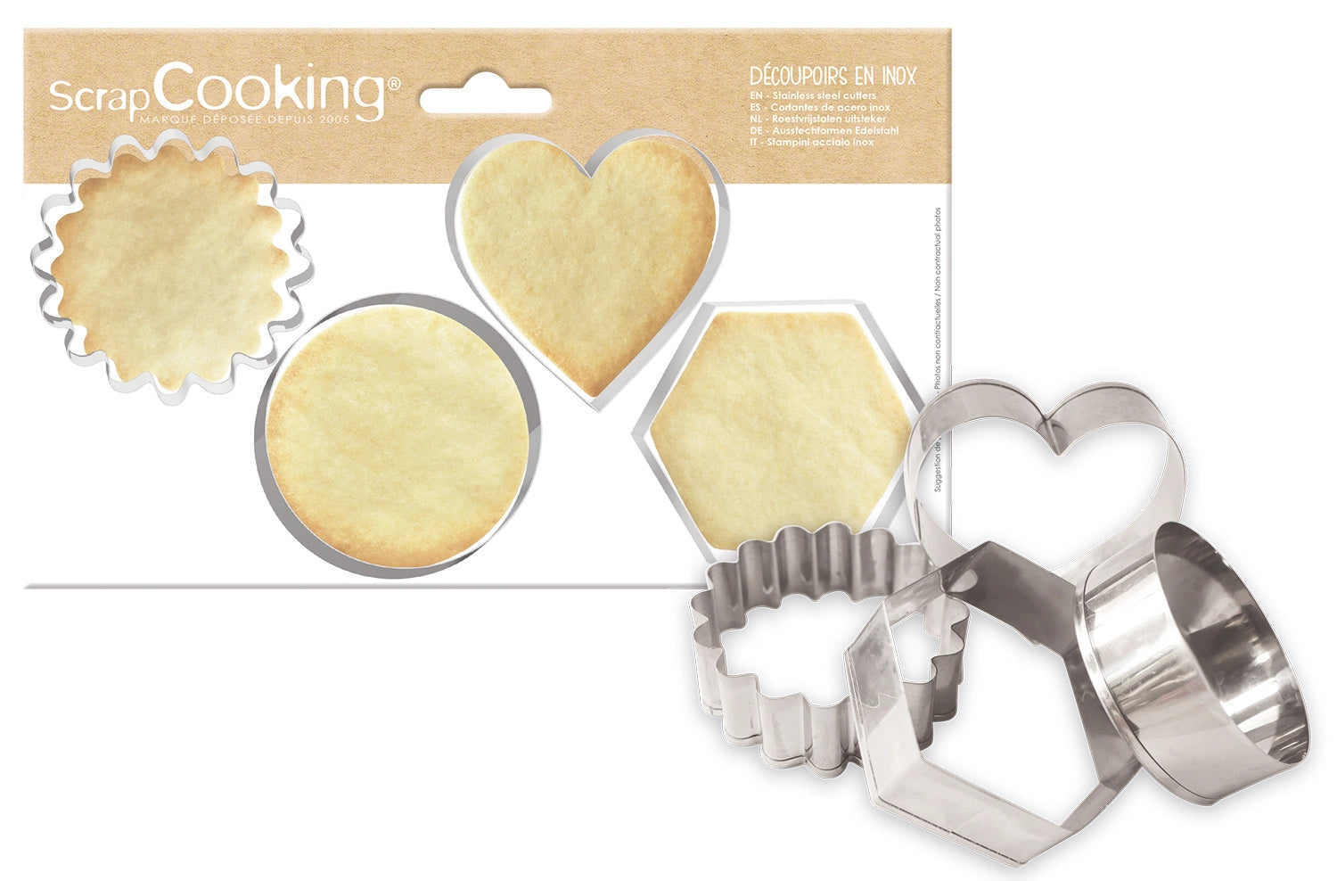 Vielseitiges 4er Set Edelstahl-Ausstecher von Scrap Cooking, perfekt zum Ausstechen von Keksen, Torten und kreativen Backideen.