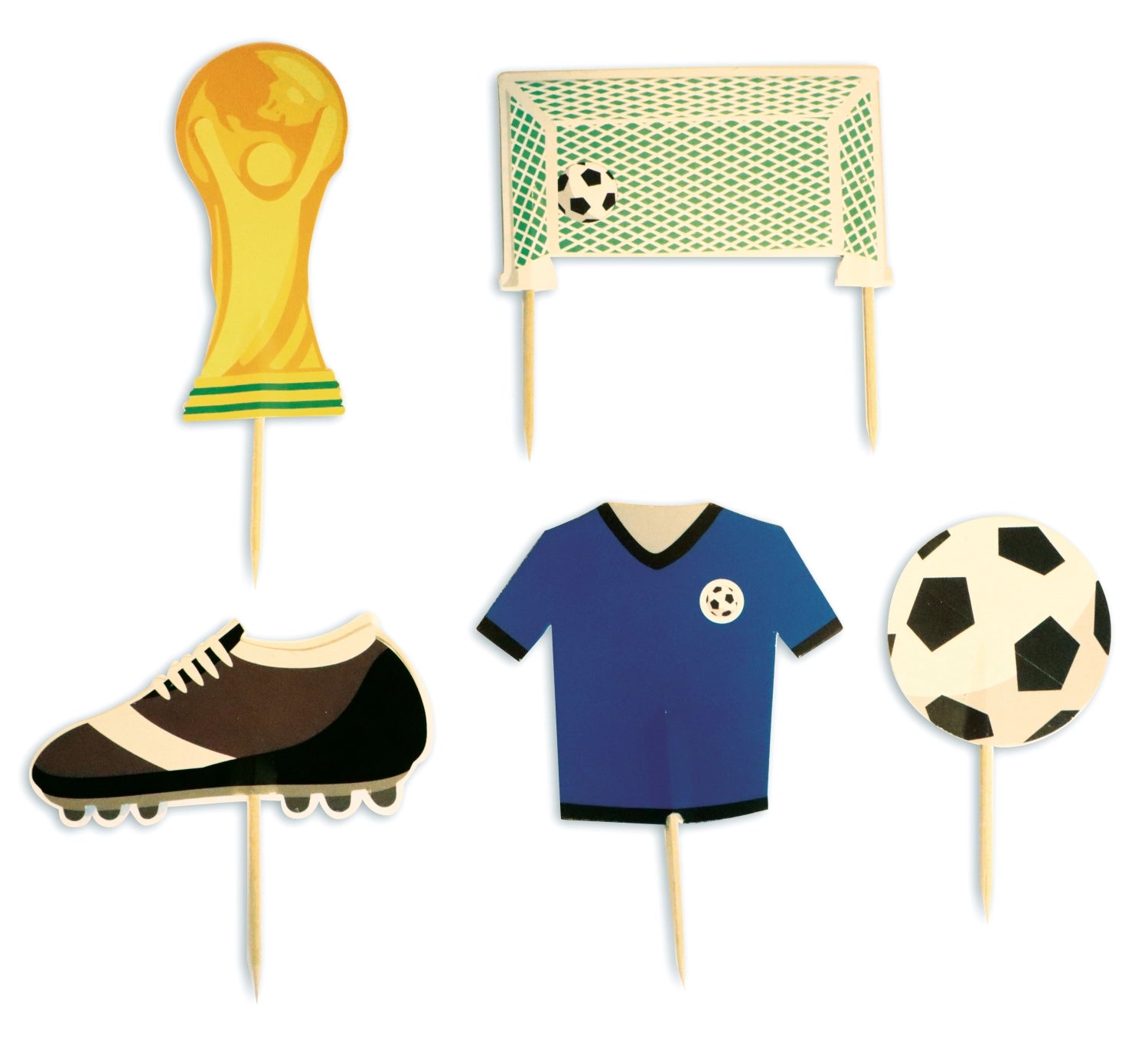 5er Set Kuchendekoration mit Fußballmotiven aus Papier, ideal für kreative Tortendekorationen bei Sportevents und Kindergeburtstagen.