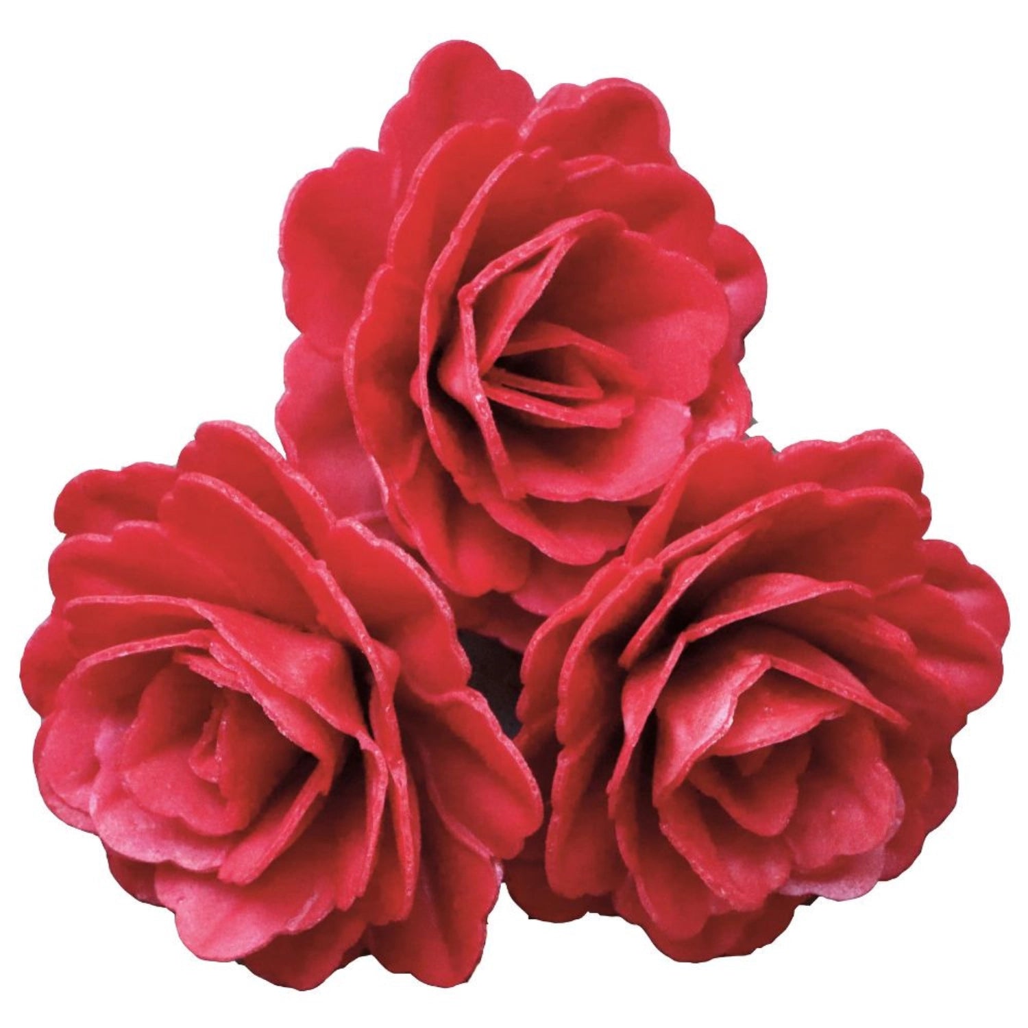 Drei wunderschöne rote Rosen aus Esspapier von Scrap Cooking, perfekt für die kreative Gestaltung von Kuchen und Desserts bei besonderen Anlässen.