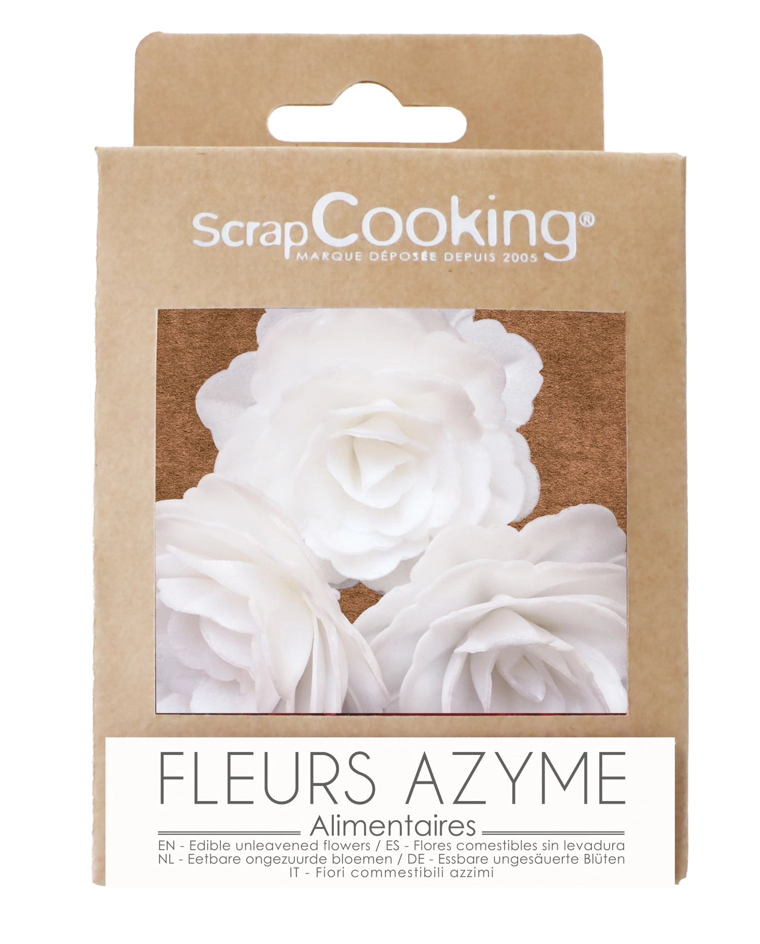 Drei elegante weiße Rosen aus Esspapier von Scrap Cooking, ideal zur Dekoration von Torten und Süßspeisen für festliche Anlässe.