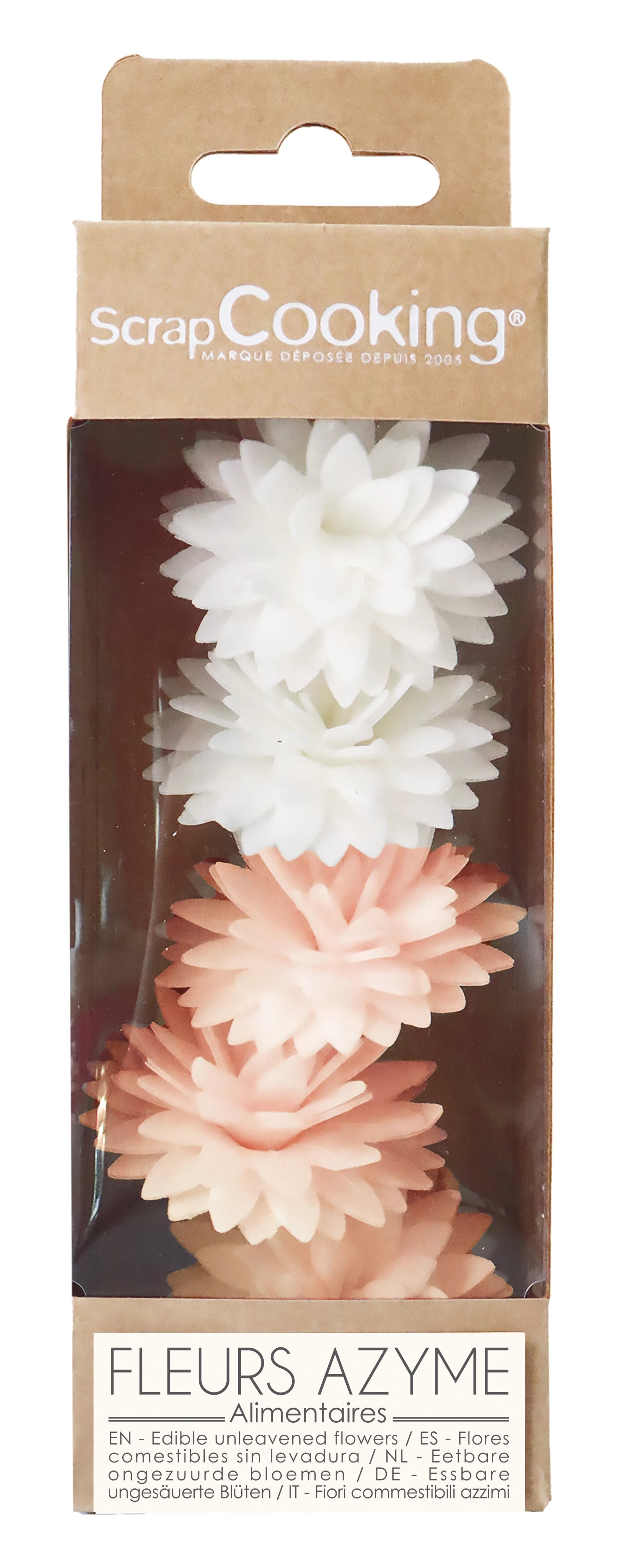Schmückendes 5er Set essbare Dahlien in Weiß und Rosa, perfekt für die kreative Dekoration von Torten und Süßspeisen bei besonderen Anlässen.