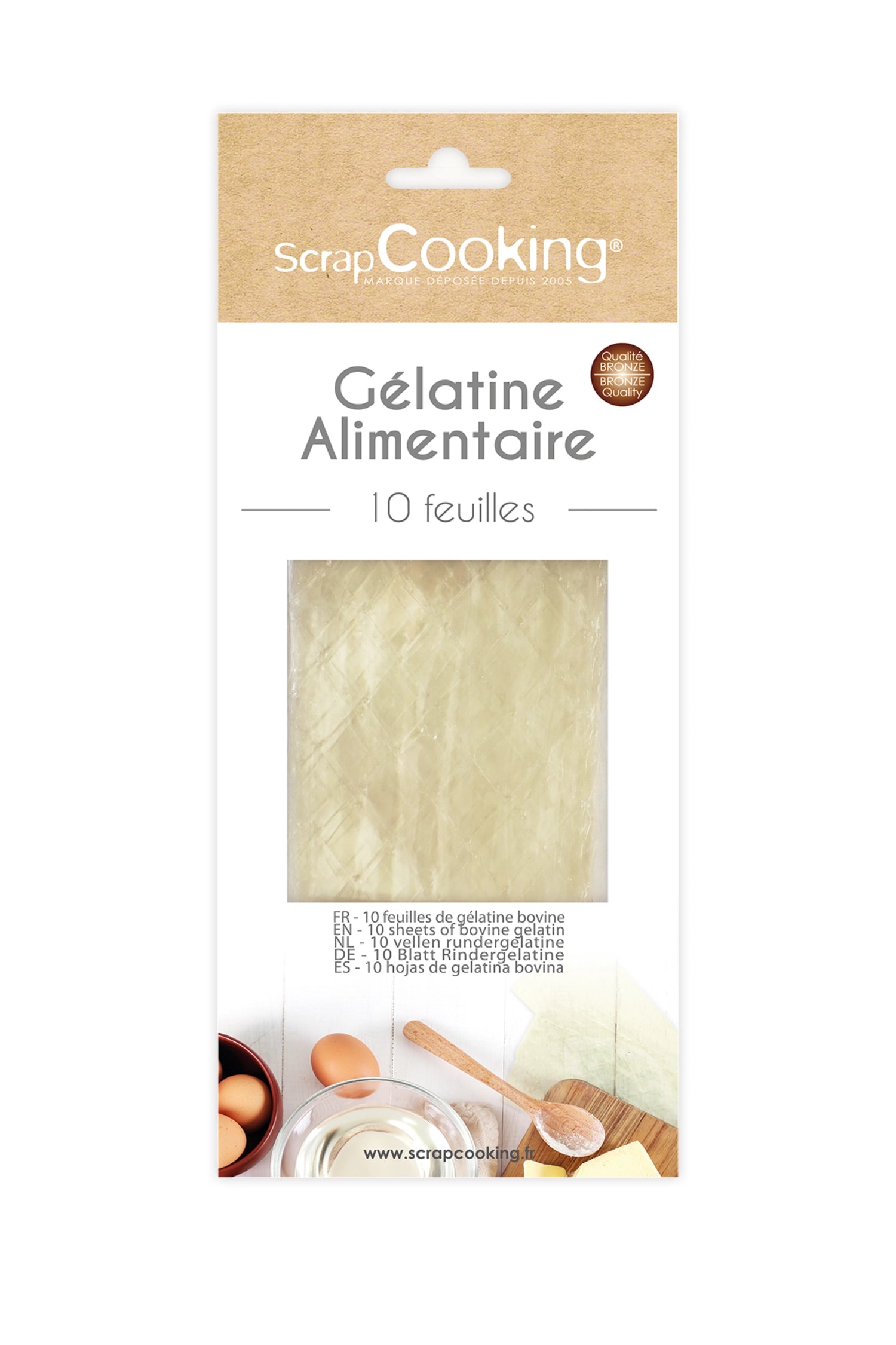 10er Set Blätter Rindergelatine von Scrap Cooking, ideal für Desserts und kreative Backprojekte, sorgt für perfekte Konsistenz und Gelierfähigkeit.