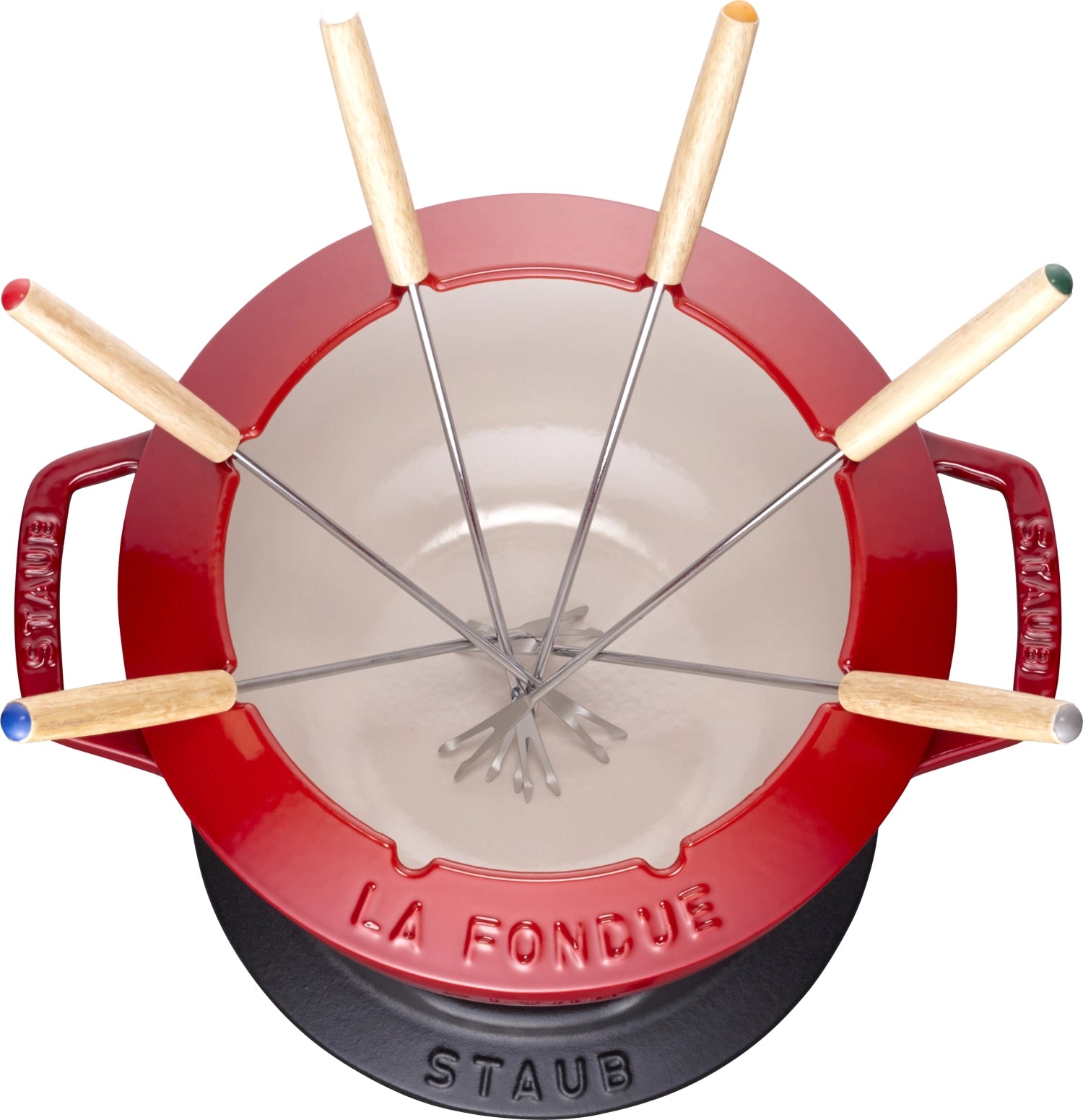 Rundes Fondue Set in Kirsch-Rot mit zwei Griffen, 20 cm Durchmesser, ideal für gesellige Abende und schmackhafte Fondue-Erlebnisse.