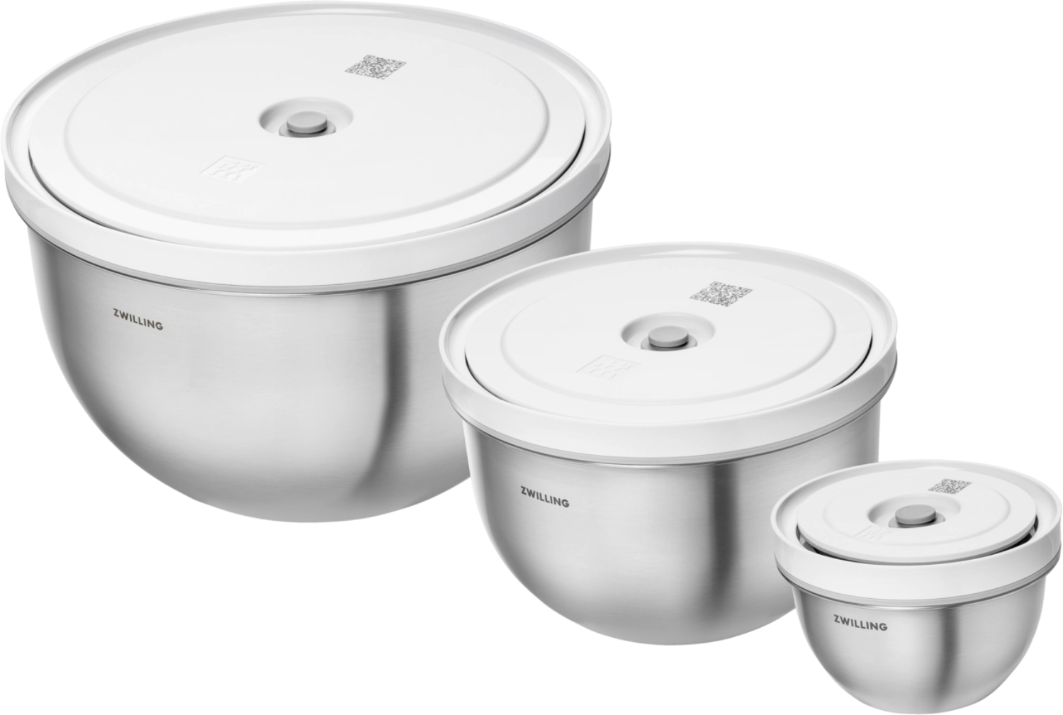 Sechsteiliges Vakuumschüssel-Set aus Edelstahl von Zwilling, perfekt für die luftdichte Aufbewahrung und Frischhaltung von Lebensmitteln.