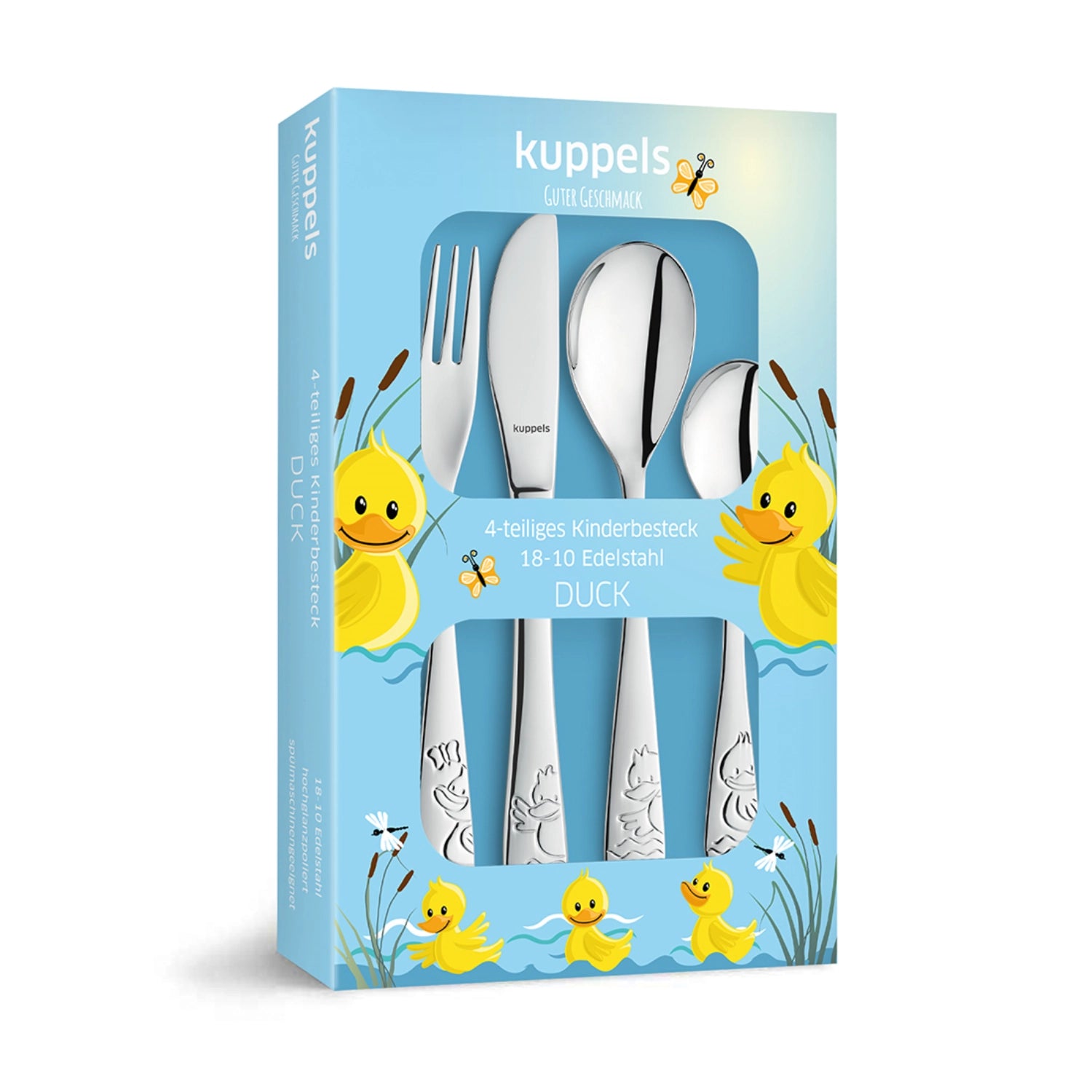 Verspieltes 4-teiliges Kuppels Ducks Kinderbesteck von Amefa, perfekt für kleine Entdecker, aus hochwertigem Edelstahl für sicheres Essen.