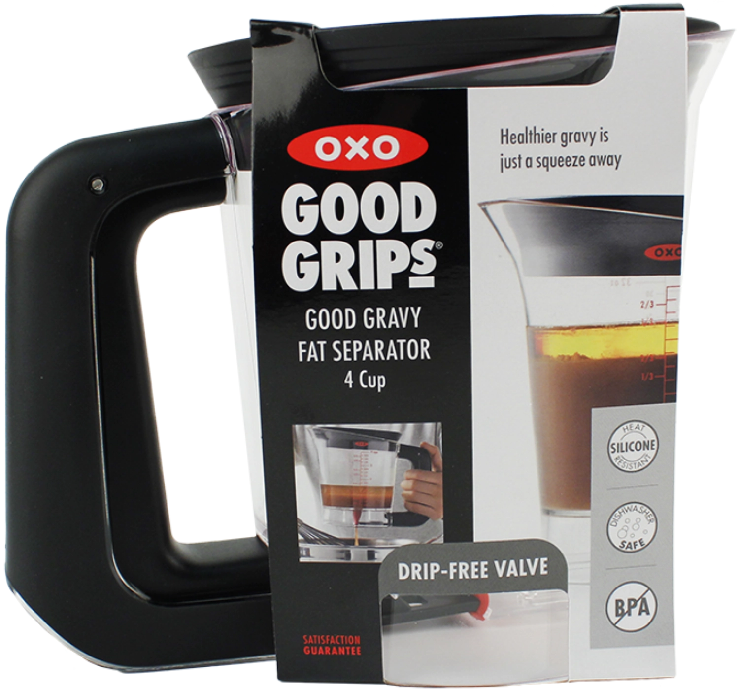Praktischer OXO Good Grips Fetttrenner 1L, ideal zum mühelosen Abgießen von Fett aus Flüssigkeiten in der Küche.