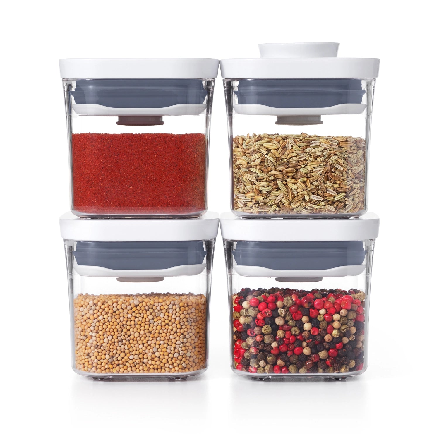 Kompaktes 4er Set OXO Good Grips Pop Mini Aufbewahrungsbehälter (190ml) ideal für die ordentliche Aufbewahrung von Snacks und kleinen Zutaten.