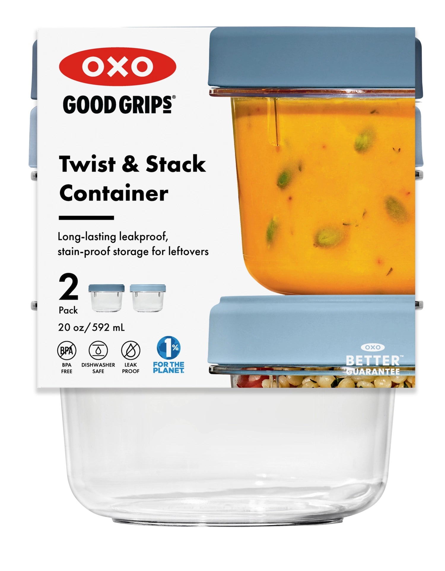 Zwei OXO Good Grips Twist & Stack Aufbewahrungsboxen (550ml) für effiziente und flexible Aufbewahrung von Lebensmitteln, ideal für jede Küche.