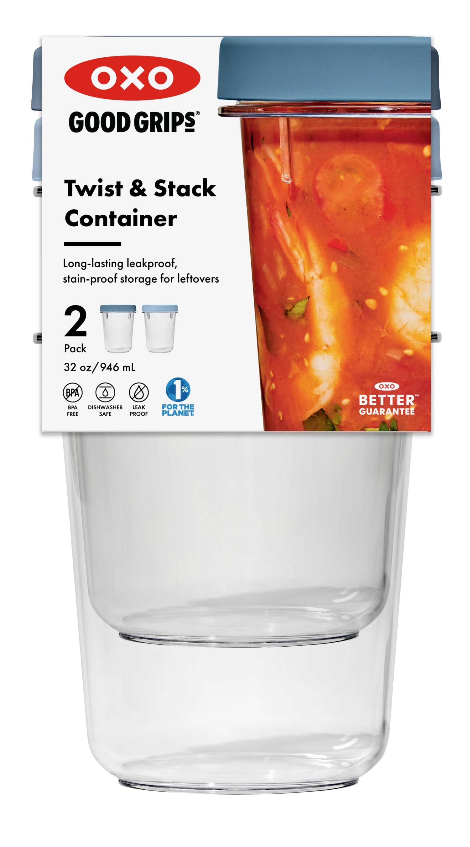 Stylisches 2er Set OXO Good Grips Twist & Stack Vorratsbehälter (900ml) für effiziente und flexible Lebensmittelorganisation in der Küche.