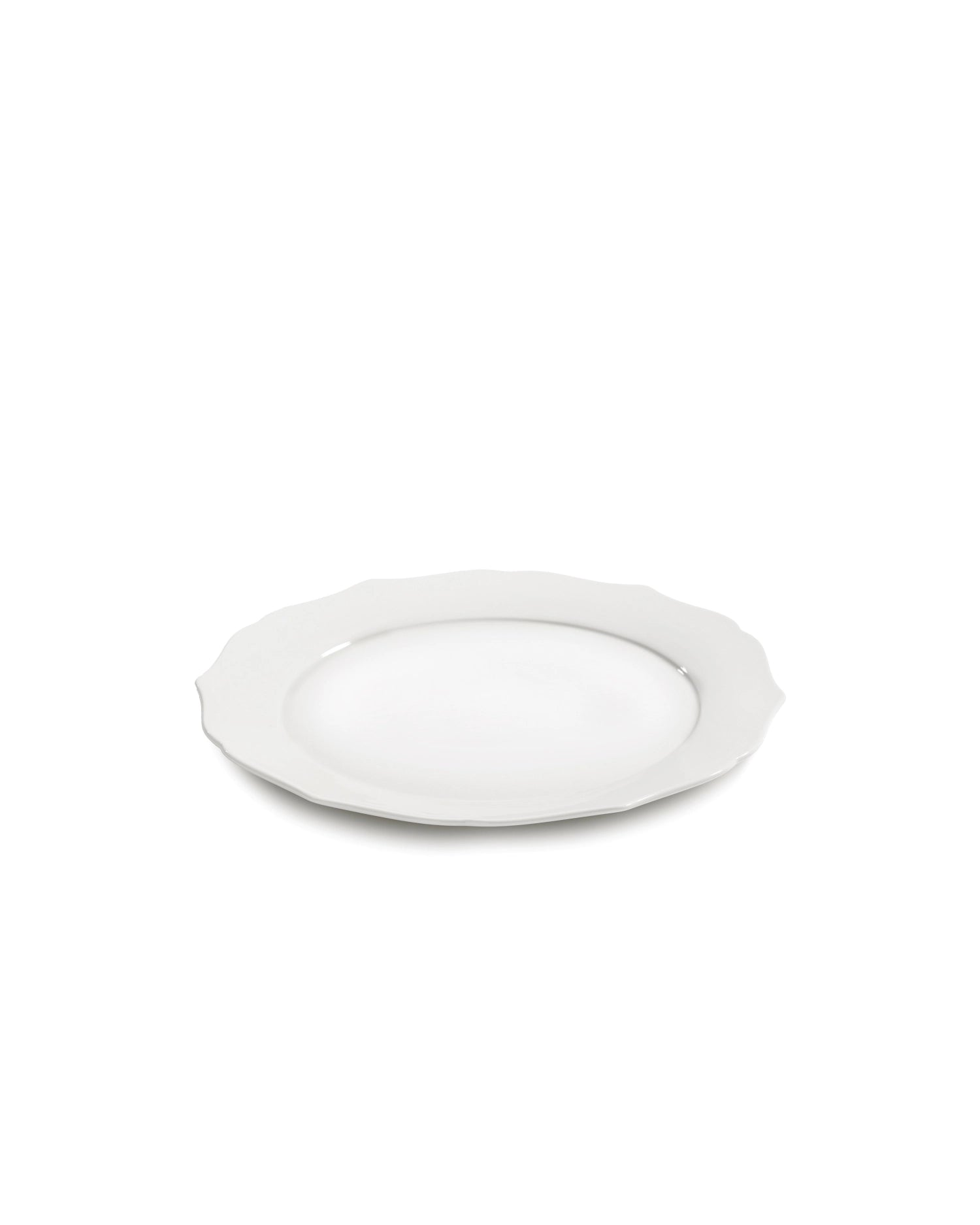 Eleganter flacher Porzellanteller in Weiß mit einem Durchmesser von 26 cm und einer Höhe von 1,5 cm, ideal für stilvolle Tischdekoration.