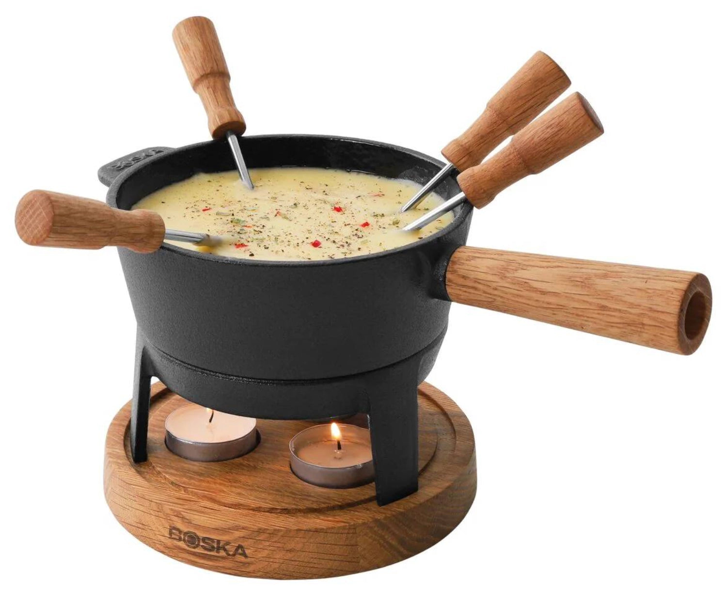 Fondueset Pro S aus europäischem Eichenholz und Gusseisen, 0.7l, ideal für gesellige Fondue-Abende, stilvolles Design von Boska.