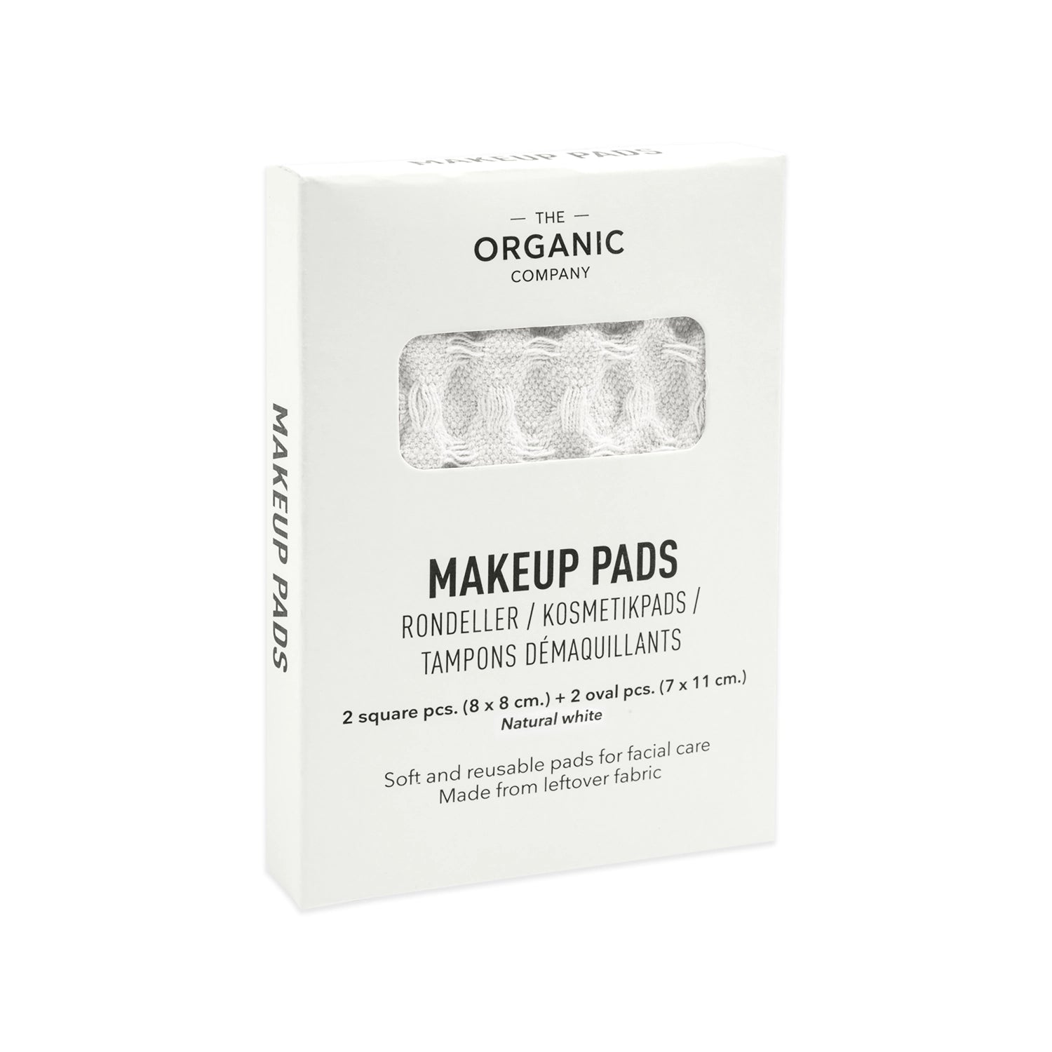 Set mit 4 großen Waffle Makeup Pads in natürlichem Weiß (8x8 cm), aus 100% Biobaumwolle, ideal für sanfte und nachhaltige Körperpflege.