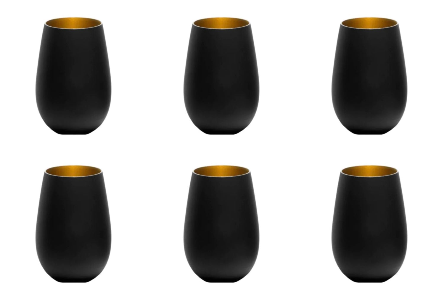Stilvolles 6er Set von Stölzle: Elegante schwarze Becher mit goldenen Akzenten, ideal für festliche Anlässe und geschmackvolle Tischgestaltung.