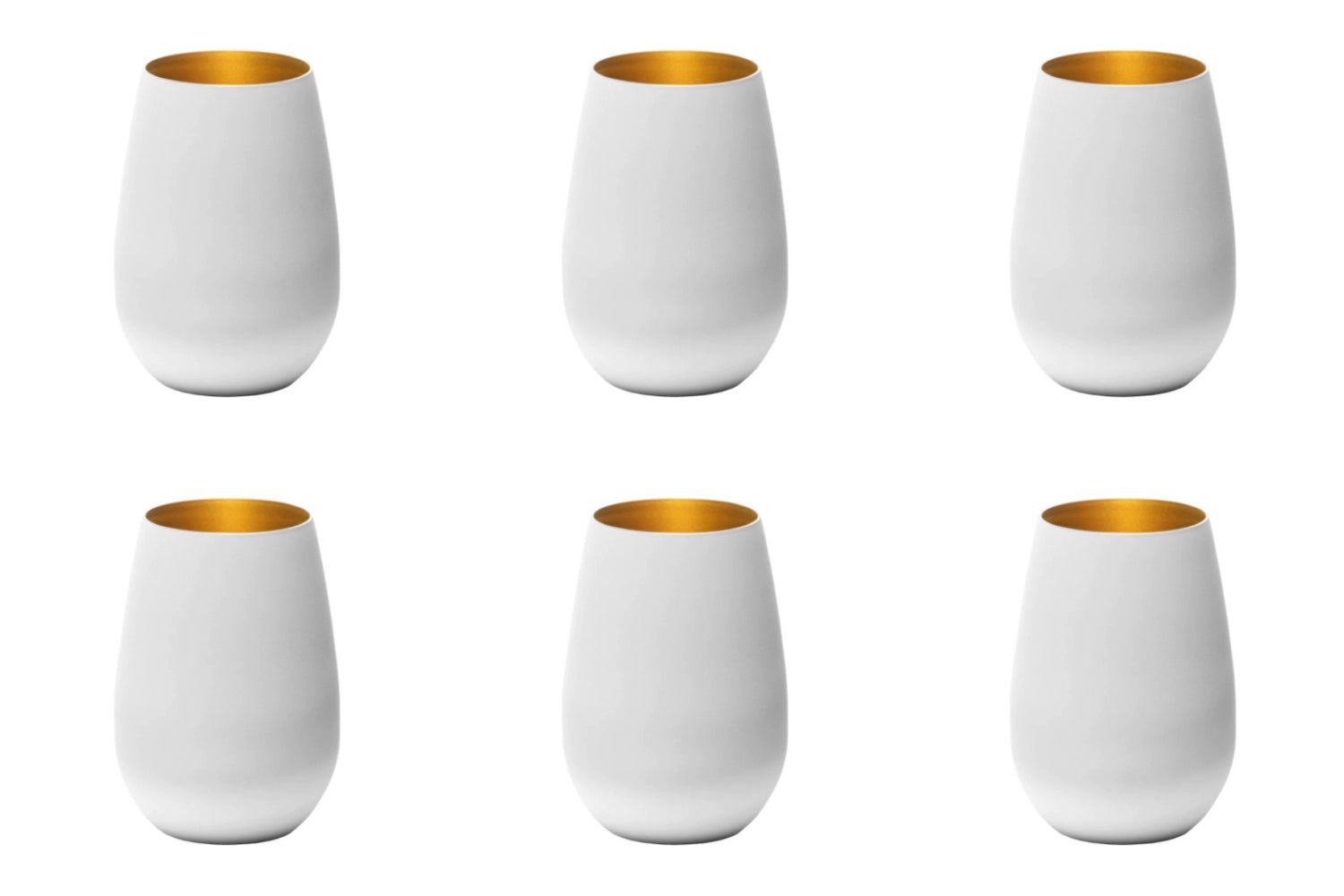 Elegantes 6-teiliges Becher-Set von Stölzle in Weiß mit goldenen Akzenten, ideal für festliche Anlässe und stilvolle Tischdekoration.