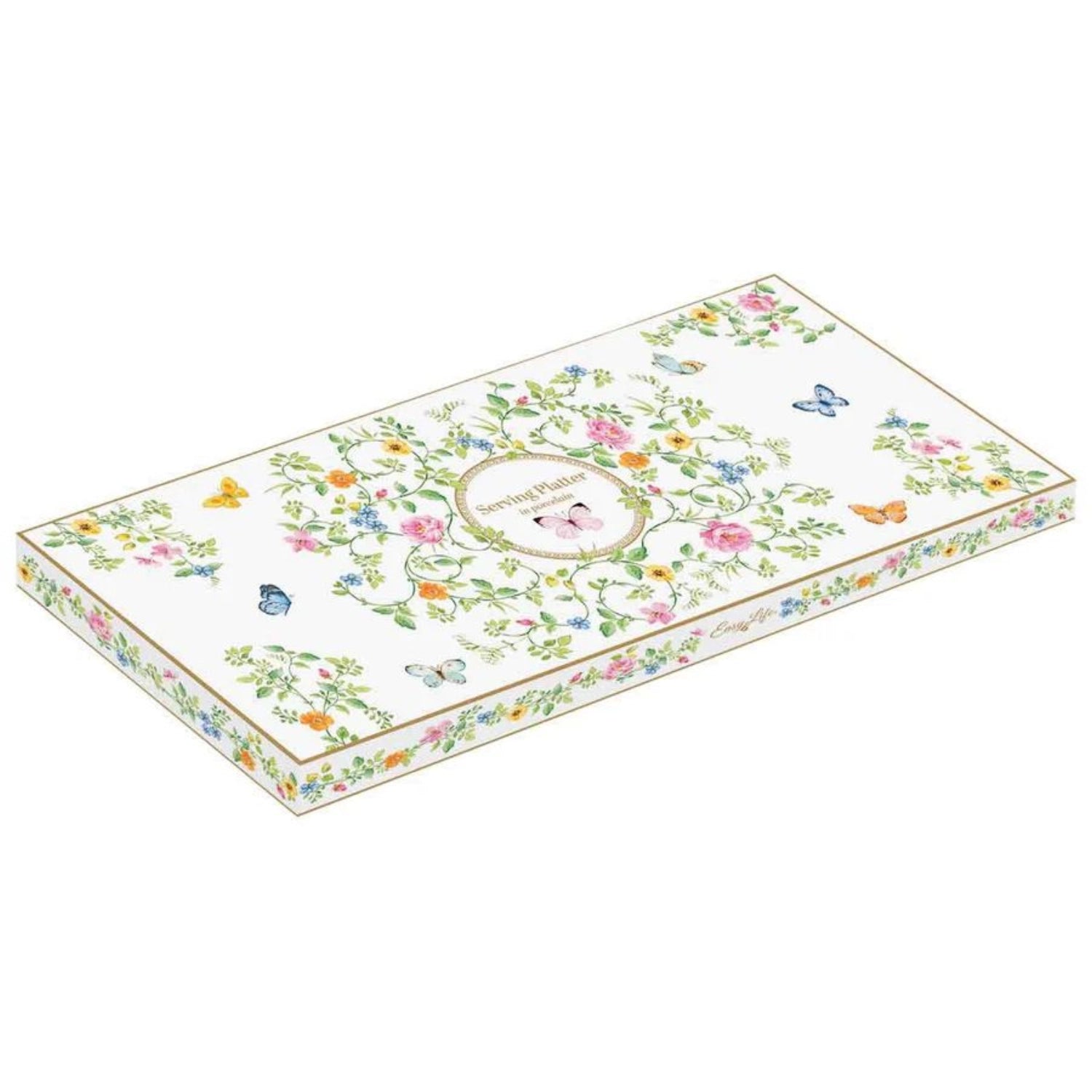 Elegante Servierplatte "Dancing Butterflies" aus Porzellan, 36x14.5cm, mit buntem Schmetterlingsdesign, perfekt für festliche Anlässe und stilvolle Tischdekoration.