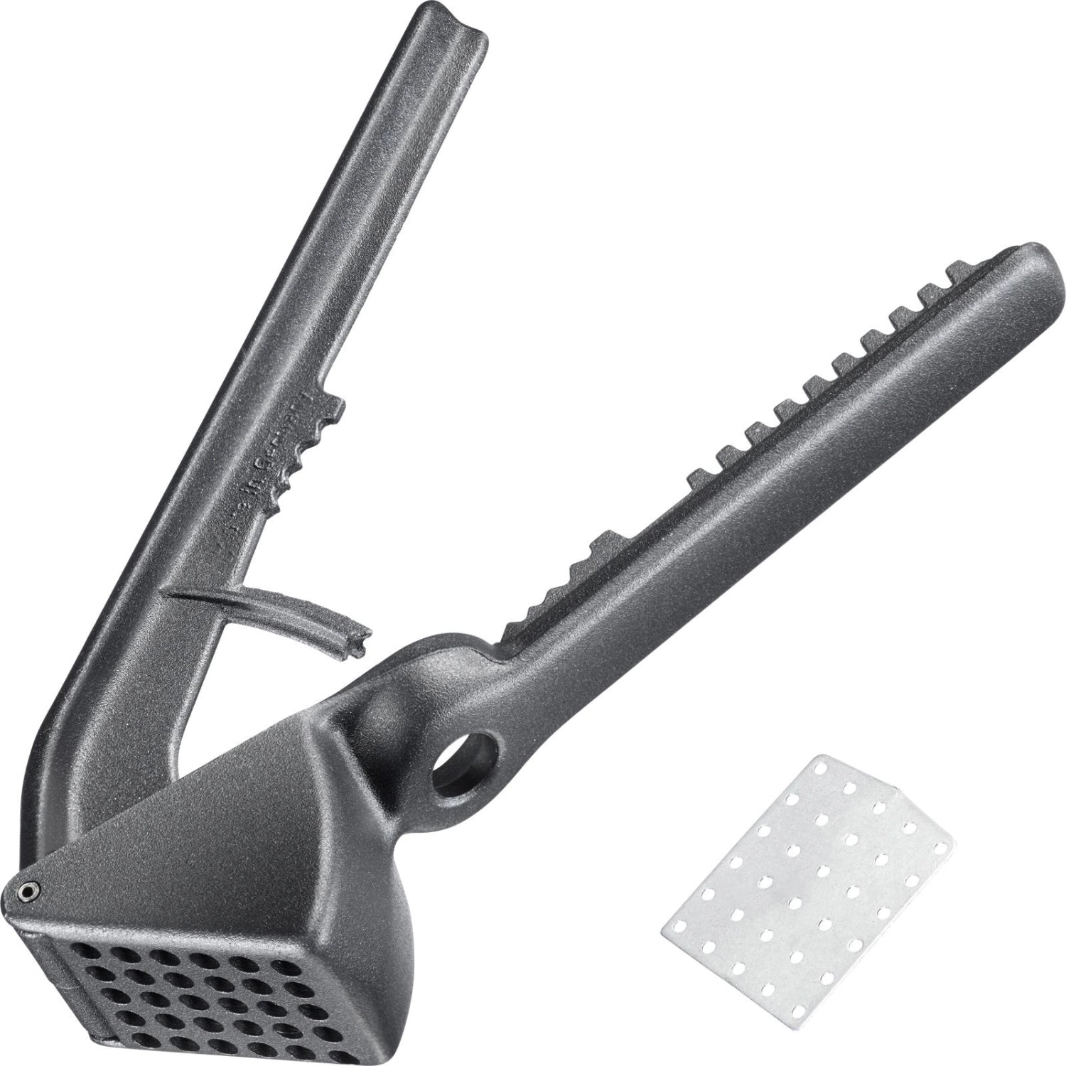 Schwarze Mehrzweckpresse von Westmark, vielseitig einsetzbar für Knoblauch, Ingwer und mehr, ergonomisches Design für einfachen Gebrauch.
