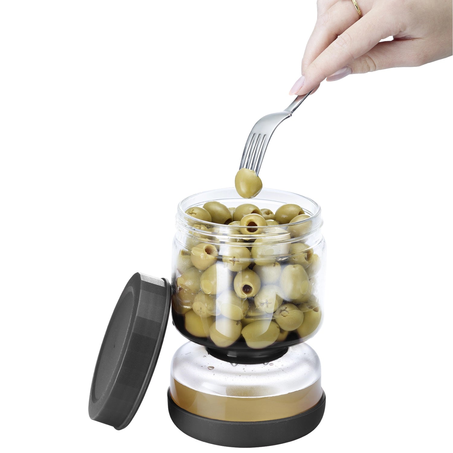 Praktisches 750 ml Abtropfglas von Westmark, ideal für die Aufbewahrung und Abtropfung von Lebensmitteln, kombiniert Stil und Nützlichkeit.