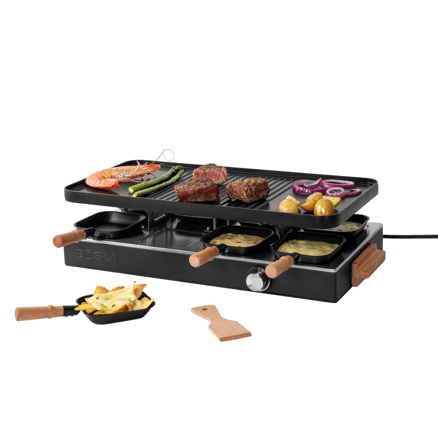 Genießen Sie gesellige Abende mit dem stilvollen Raclette-Grill für bis zu 8 Personen. Aus hochwertigem Buchenholz, ideal für unvergessliche Partys.