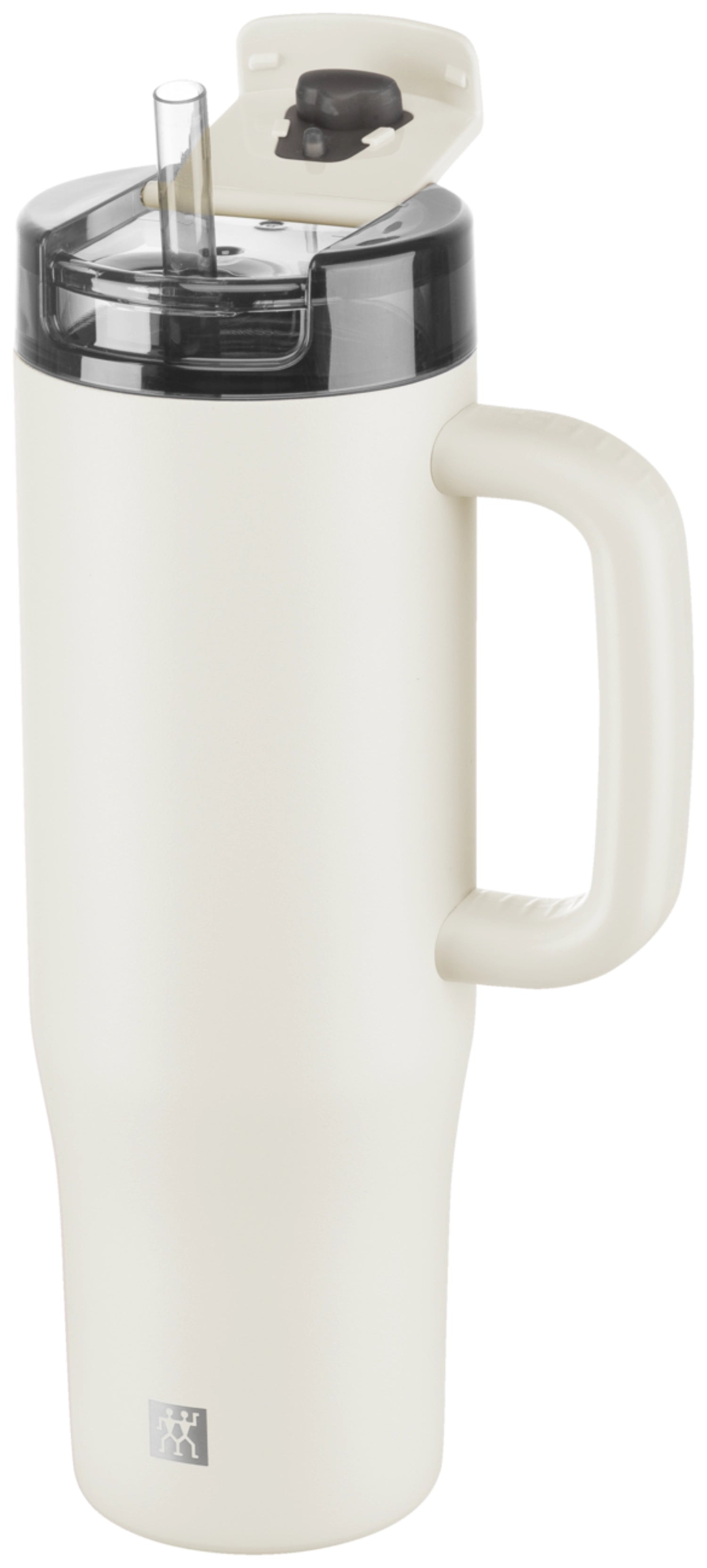Eleganter Thermobecher in Creme mit Strohhalm, ideal für heiße und kalte Getränke. Perfekt für unterwegs und stilvoll im Design.