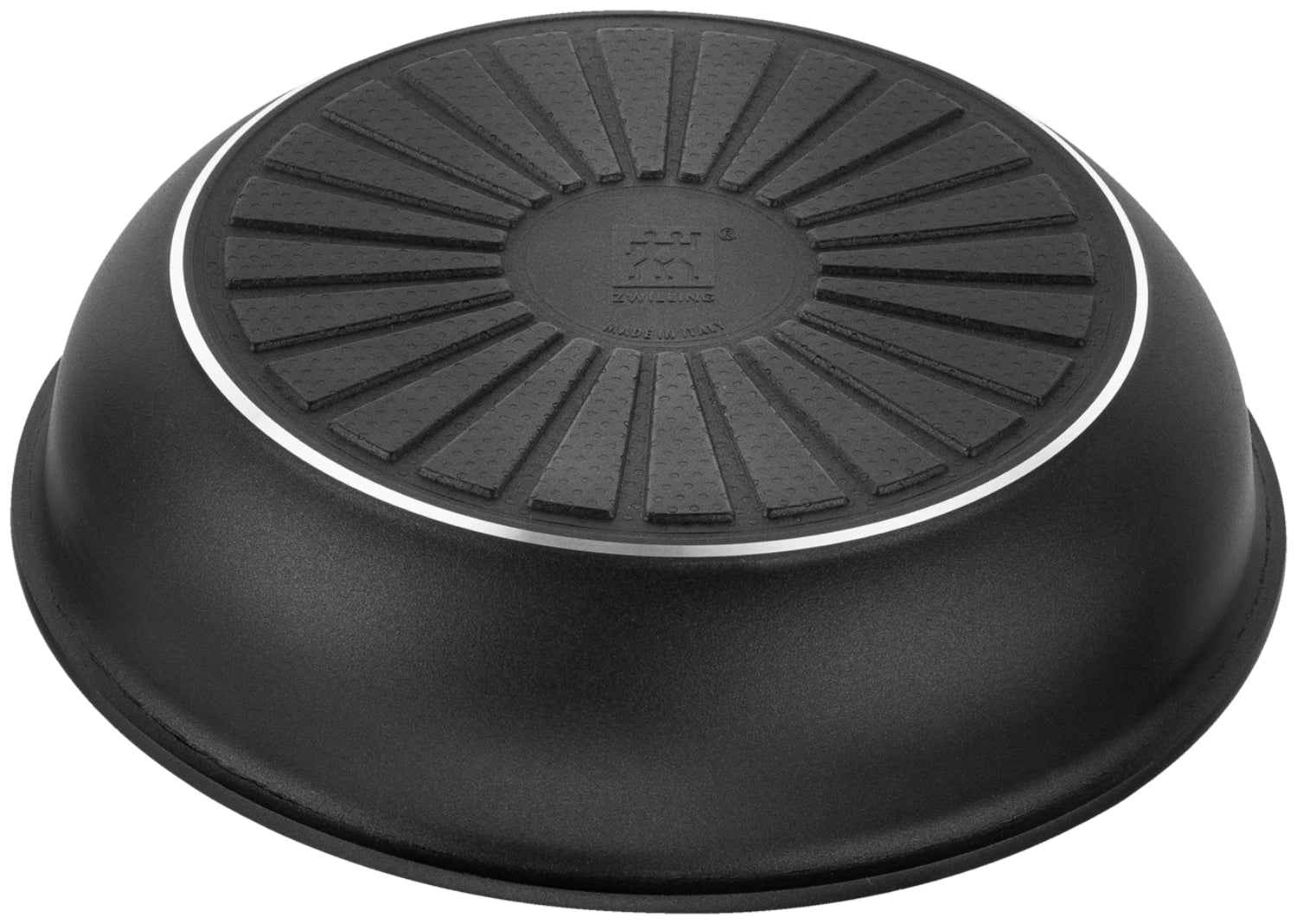 Schwarze 28 cm Bratpfanne ohne Griff von Zwilling, ideal für platzsparendes Kochen und modernes Küchendesign.