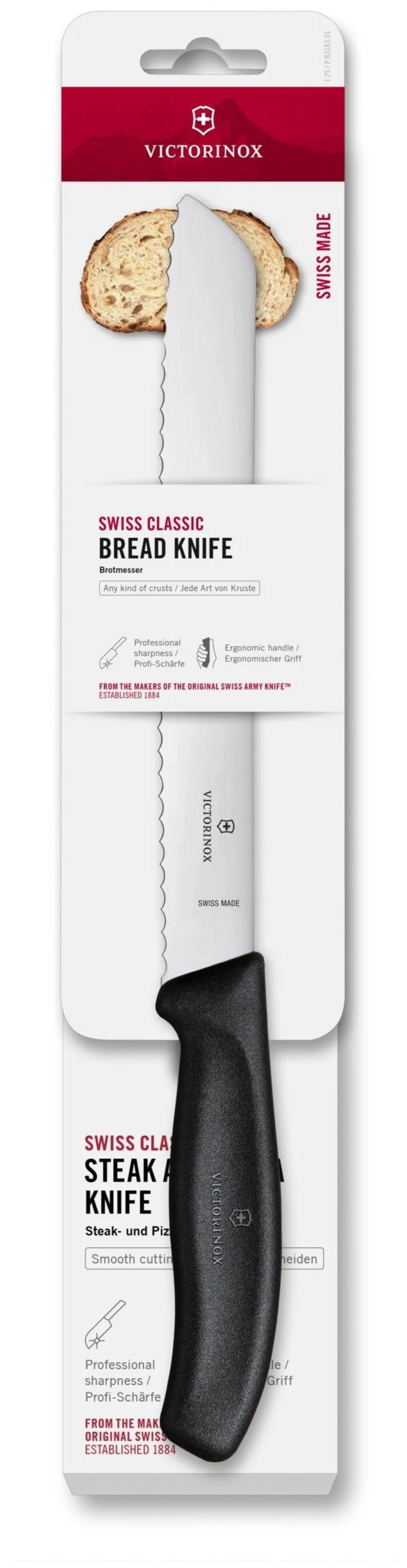 Elegantes Swiss Classic Brotmesser von Victorinox mit 21 cm Klinge in Schwarz, ideal für präzises Schneiden von Brot und Gebäck.