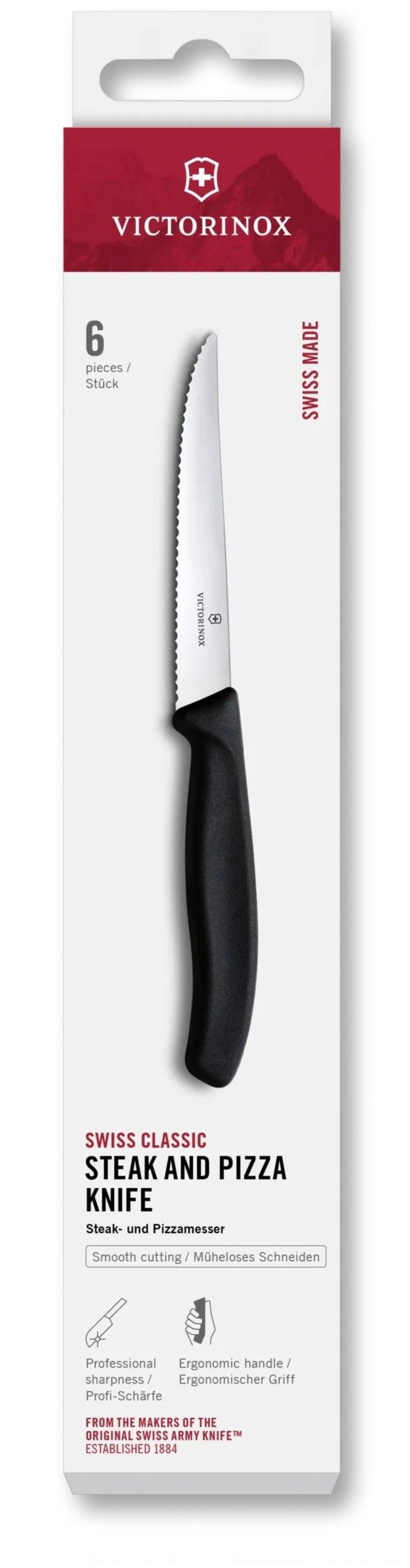 Elegantes Swiss Classic Steak- und Pizzamesser von Victorinox, 11 cm lang, ideal für präzises Schneiden von Fleisch und Pizza.