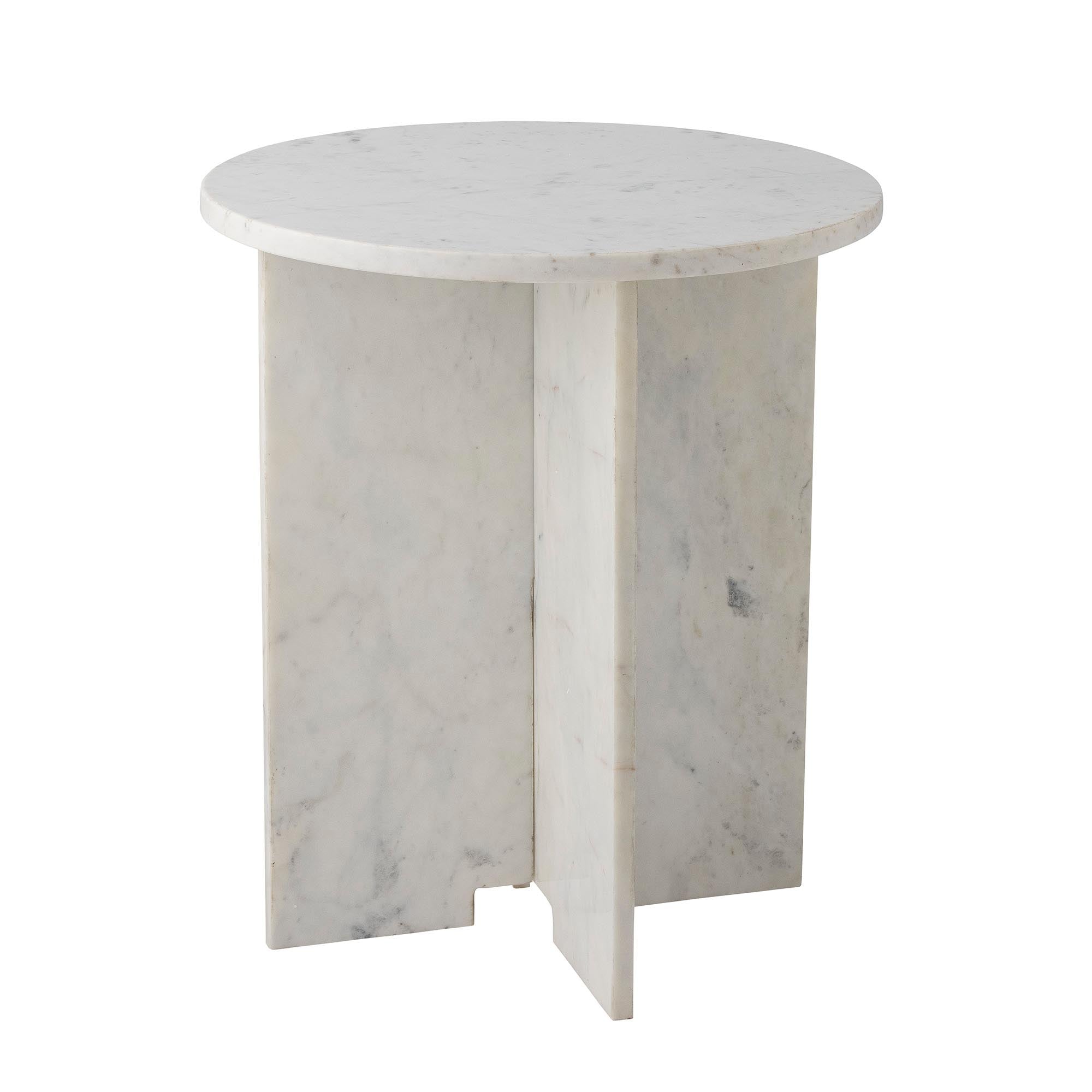 Eleganter Jasmia Beistelltisch aus weissem Marmor, nordisches Design, einzigartiges Natursteinmuster.