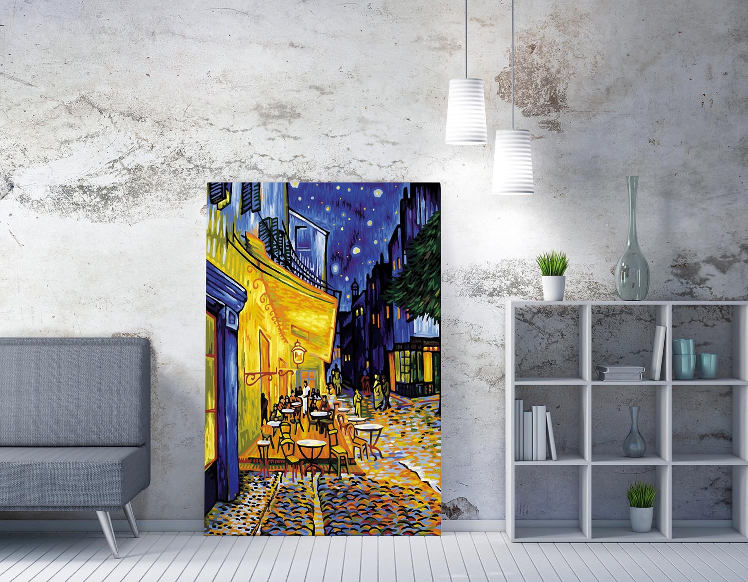 Entdecken Sie das mehrfarbige Leinwandgemälde "Café Terrasse bei Nacht" von Wallity. Verleihen Sie Ihrem Raum Eleganz und Stil mit diesem Meisterwerk.