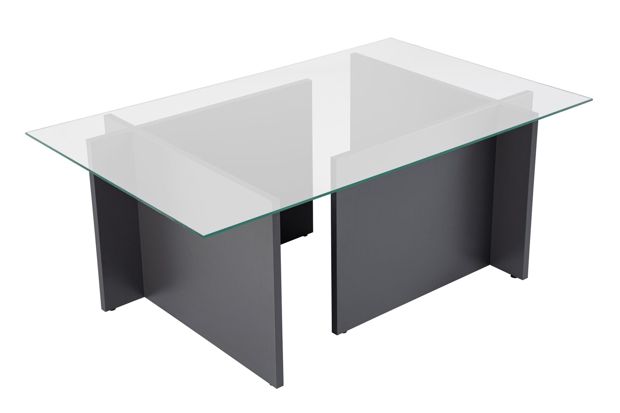 Erleben Sie den Vetrino Sofatisch in stilvollem Anthrazit – ein elegantes Möbelstück aus 100% gehärtetem Glas, das Ihr Zuhause aufwertet.
