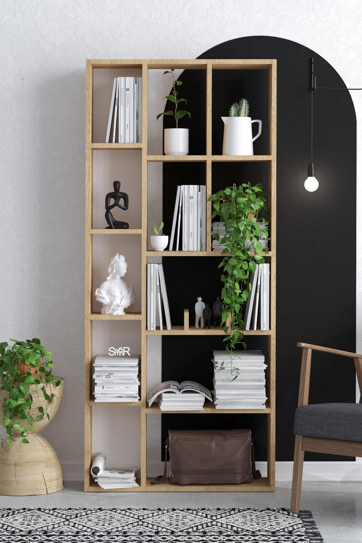 Elegantes Bücherregal Demios - Dec0067 in Saphir-Eiche von Hanah Home. Ideal für stilvolle Akzente in jedem Raum. Hochwertige Verarbeitung und zeitloses Design.