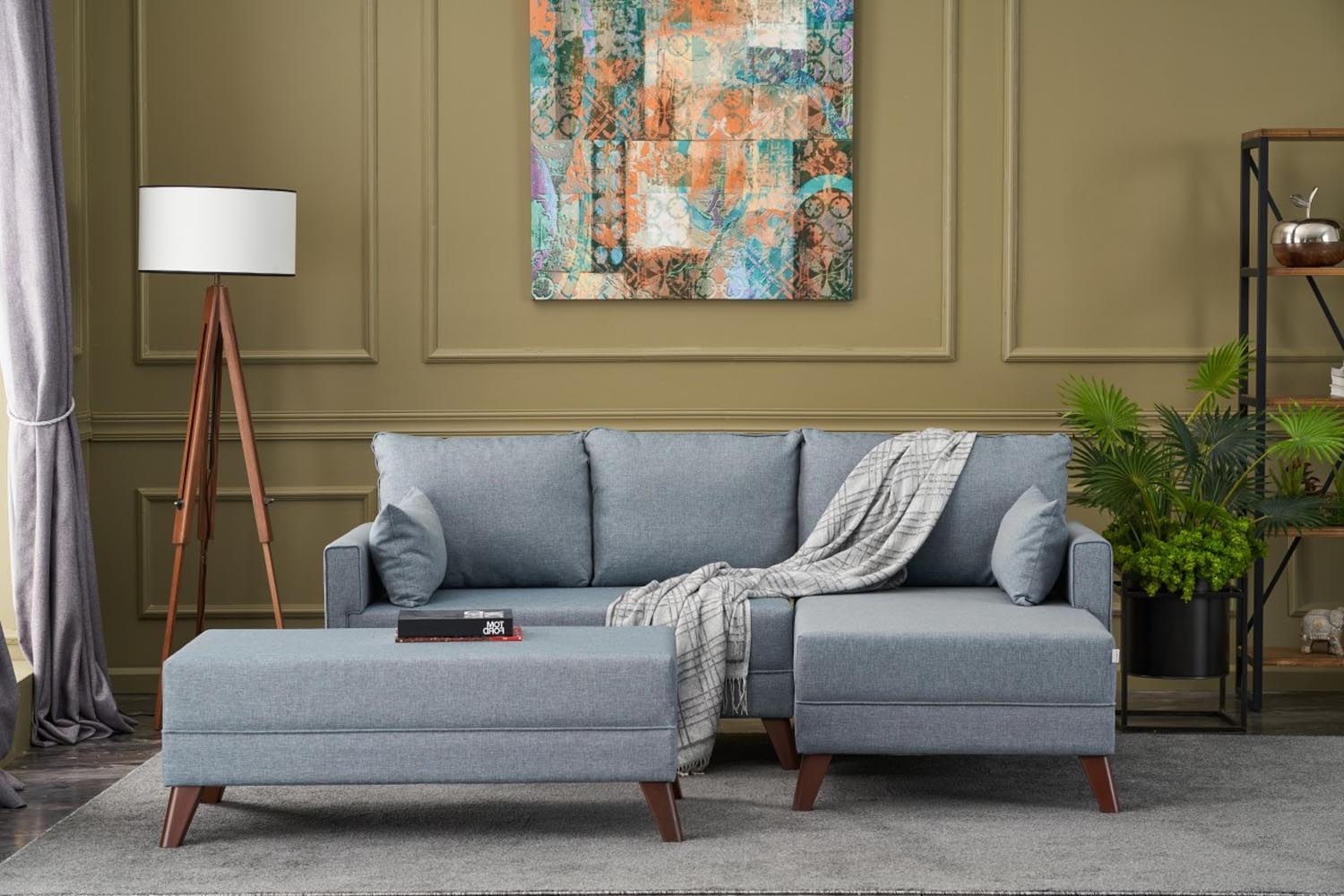 Entdecken Sie das elegante Ecksofa-Bett Bella Soft Mini Köşe Right in Blau – stilvoll, funktional und perfekt für Ihr modernes Zuhause.