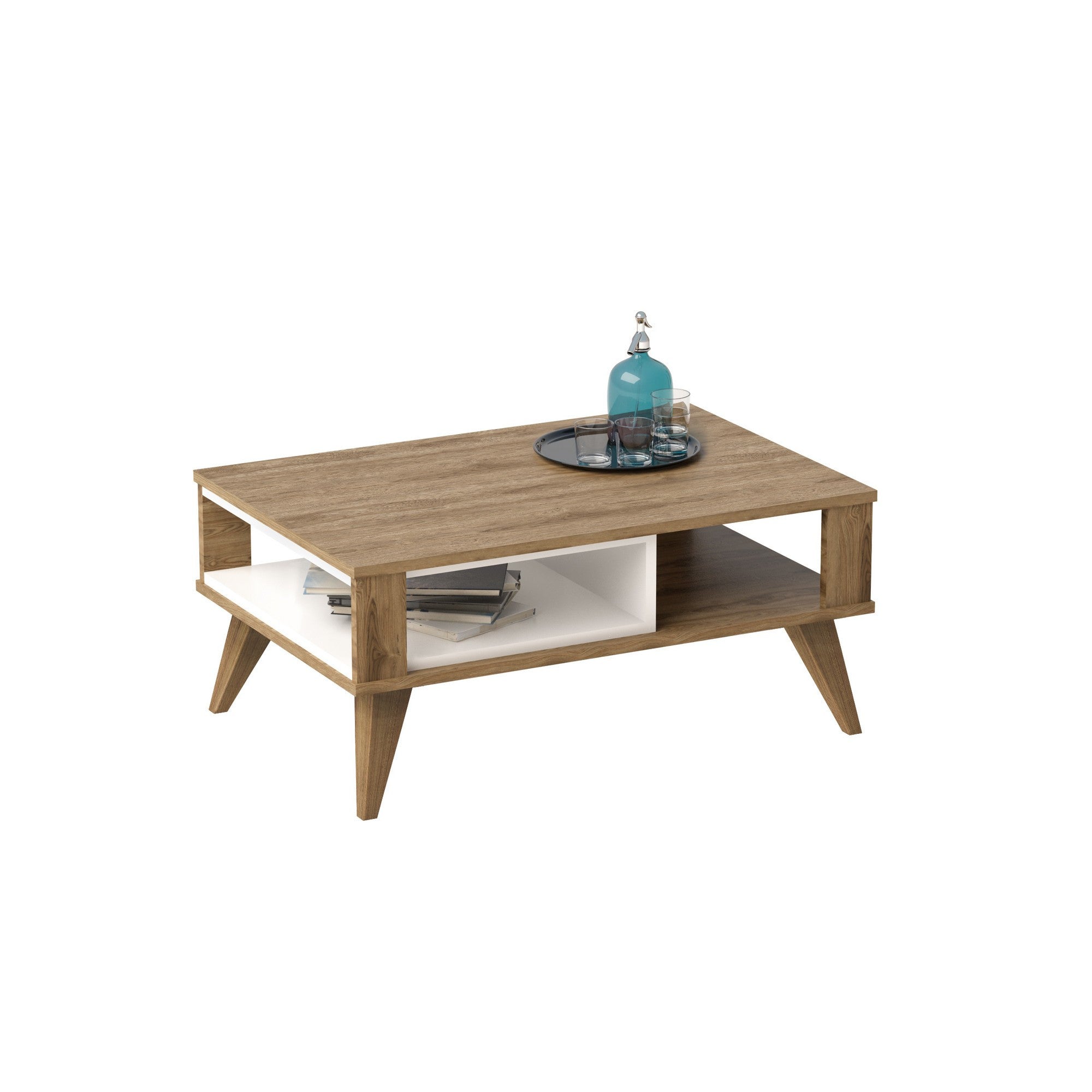 Moderner Ionis Sofatisch in Eiche Weiß von Hanah Home. Robuste Bauweise, elegantes Design und vielseitige Nutzungsmöglichkeiten für jeden Wohnraum.