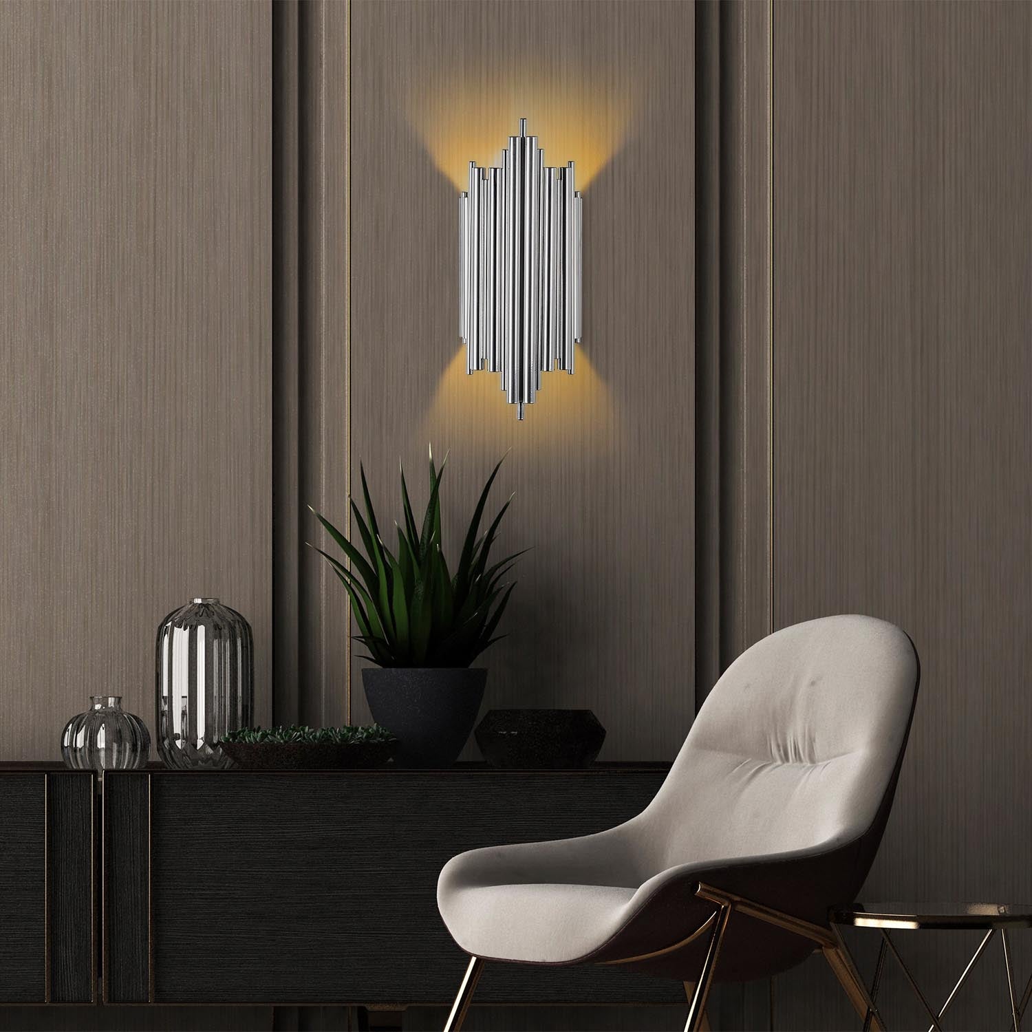 Entdecken Sie die elegante Reis Wandleuchte in Chrom von Opviq. Perfekte Kombination aus Stil und Funktionalität für Ihr Zuhause.