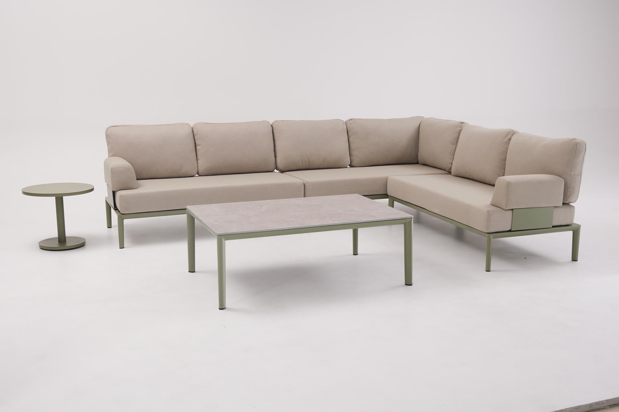 Elegantes 2-Sitzer Lounge Sofa mit Eckteil in modernem Oliv-Grün, perfekt für gemütliche Stunden im Freien.