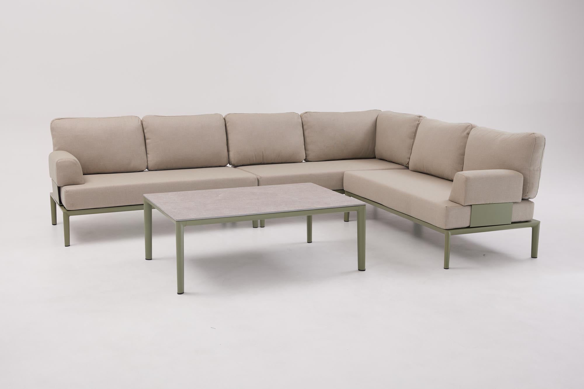 Modernes 2-Sitzer Gartensofa ohne Armlehnen in schickem Oliv-Grün, perfekt für gemütliche Momente im Garten oder auf der Terrasse.