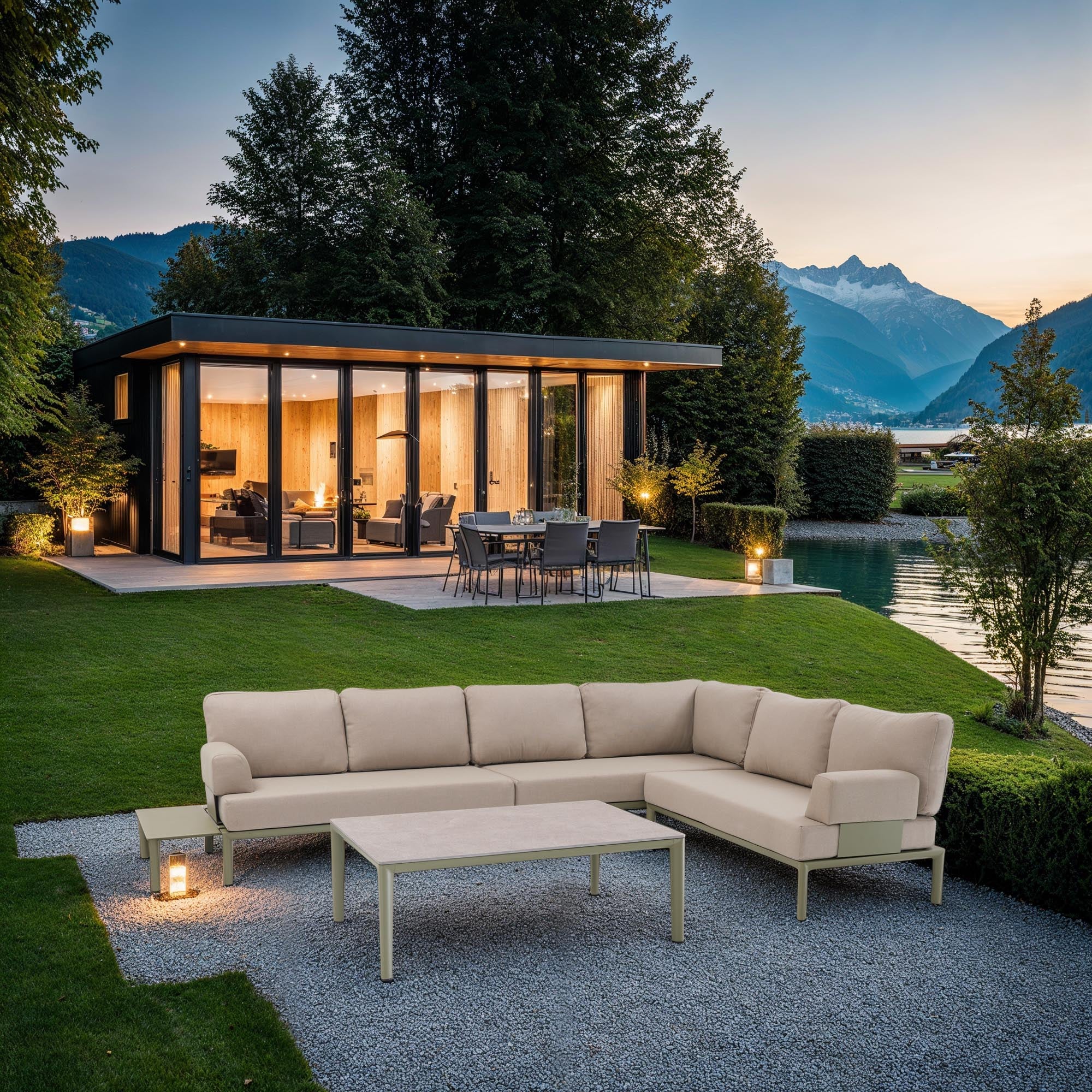 Elegantes Gartensofa 2-Sitzer ohne Armlehnen in stilvollem Oliv-Grün, ideal für entspannte Stunden im Freien.