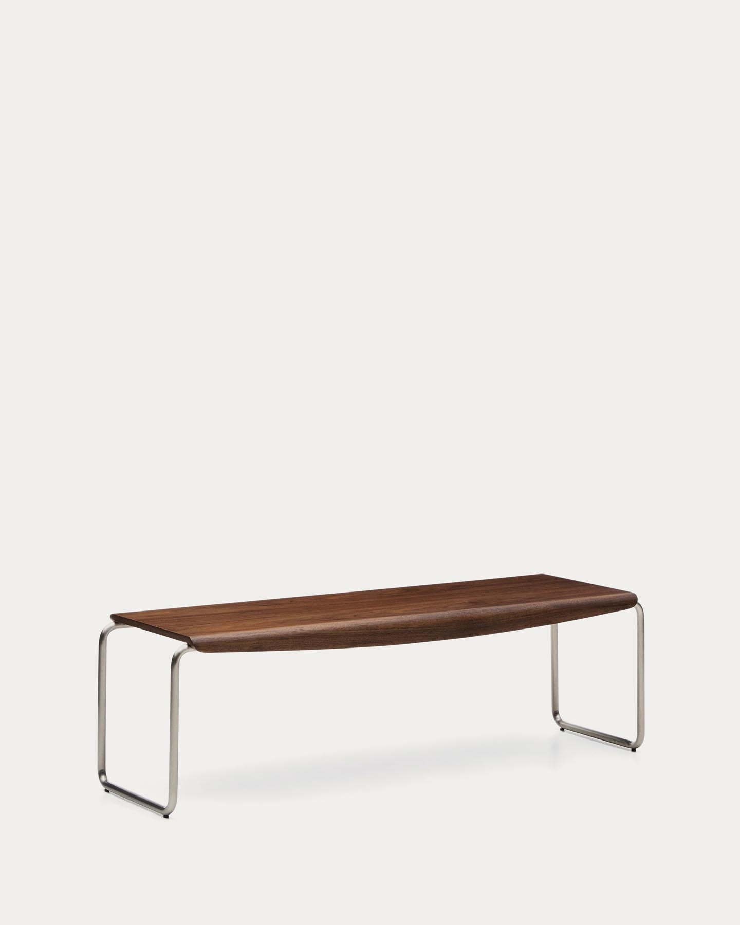 Elegante Sitzbank Tarsel aus edlem Nussbaumfurnier, kombiniert mit einem stabilen gebürsteten Edelstahlgestell, ideal für jedes moderne Zuhause.