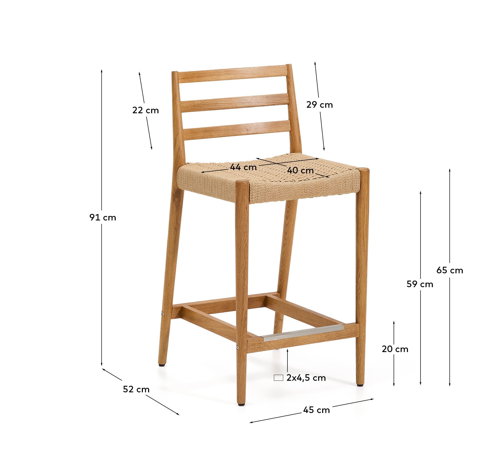 Eleganter Analy Hocker mit Rückenlehne von Kave Home: Robustes Eichenholz, komfortable Seil-Sitzfläche, perfekt für Bar und Küche.