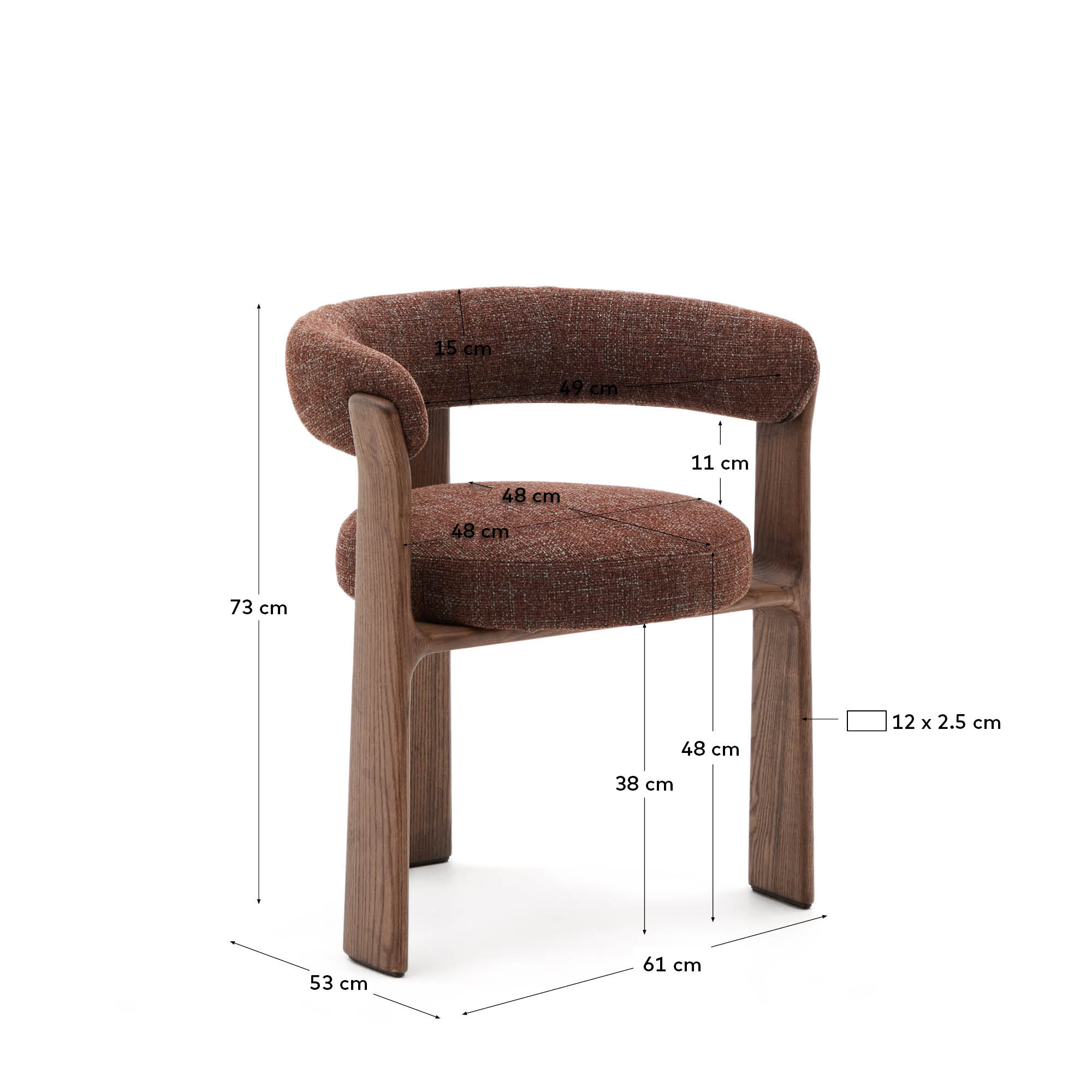 Granite Stuhl: Stilvoller 3-Bein-Stuhl aus massivem Eschenholz mit edlem braunem Chenille-Stoff und nachhaltigem Walnuss-Finish.