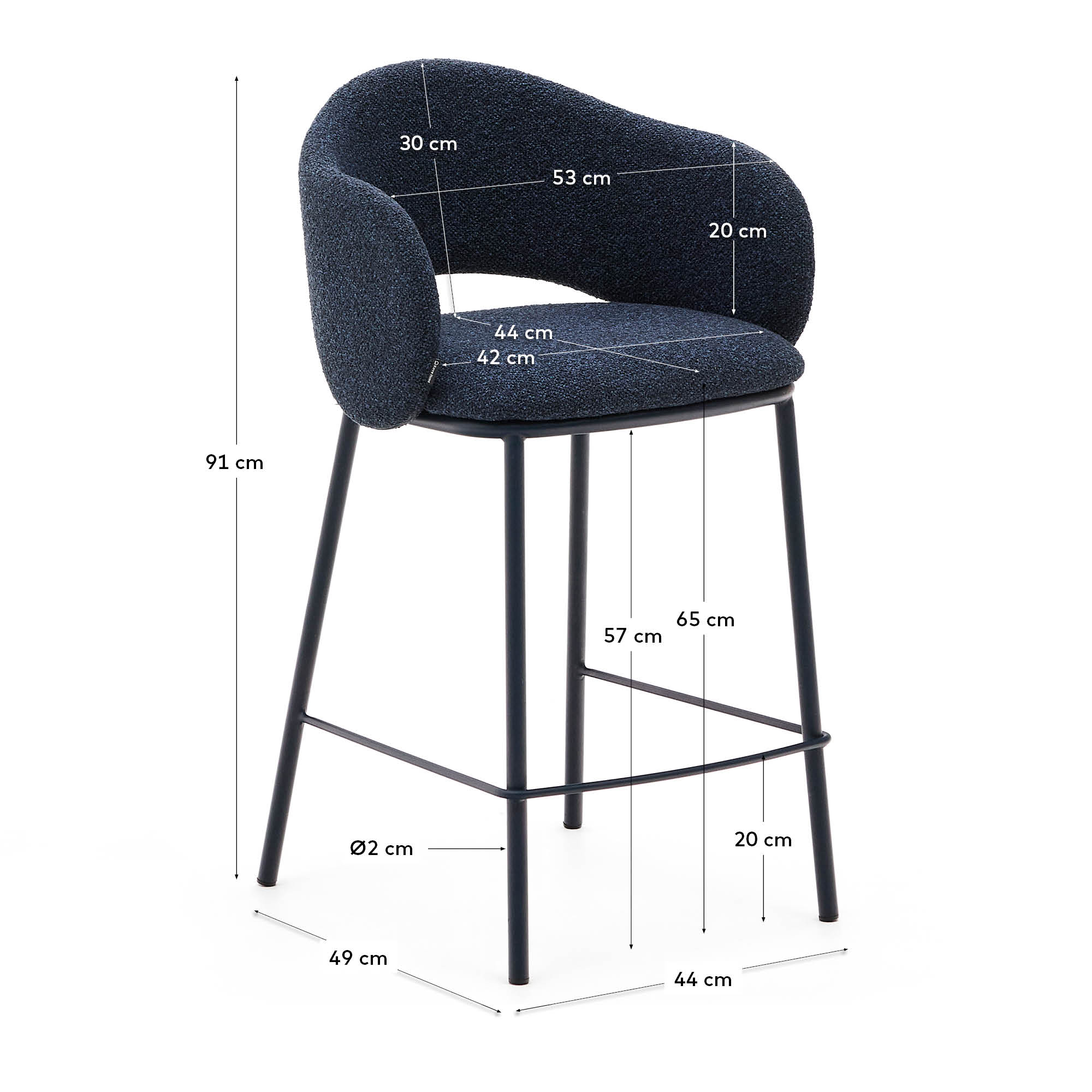 Eleganter Maina Hocker in blauem Chenille mit stabilen Stahlbeinen. Ideal als zusätzliche Sitzgelegenheit oder stilvolles Deko-Element.