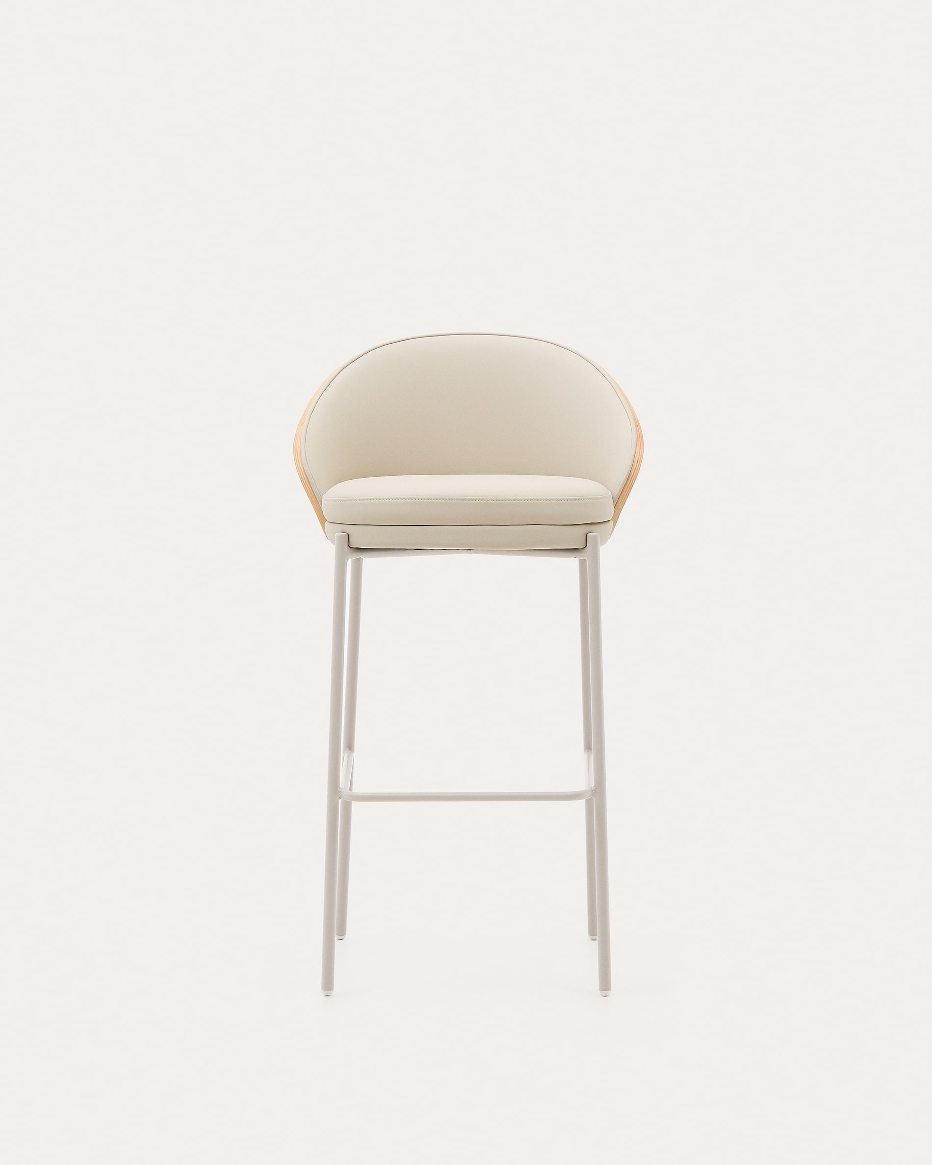 Eleganter Hocker Eamy, 77 cm hoch, mit beigem Kunstleder, Eschenfurnier in Natur und Metall, perfekt für moderne Wohnräume.