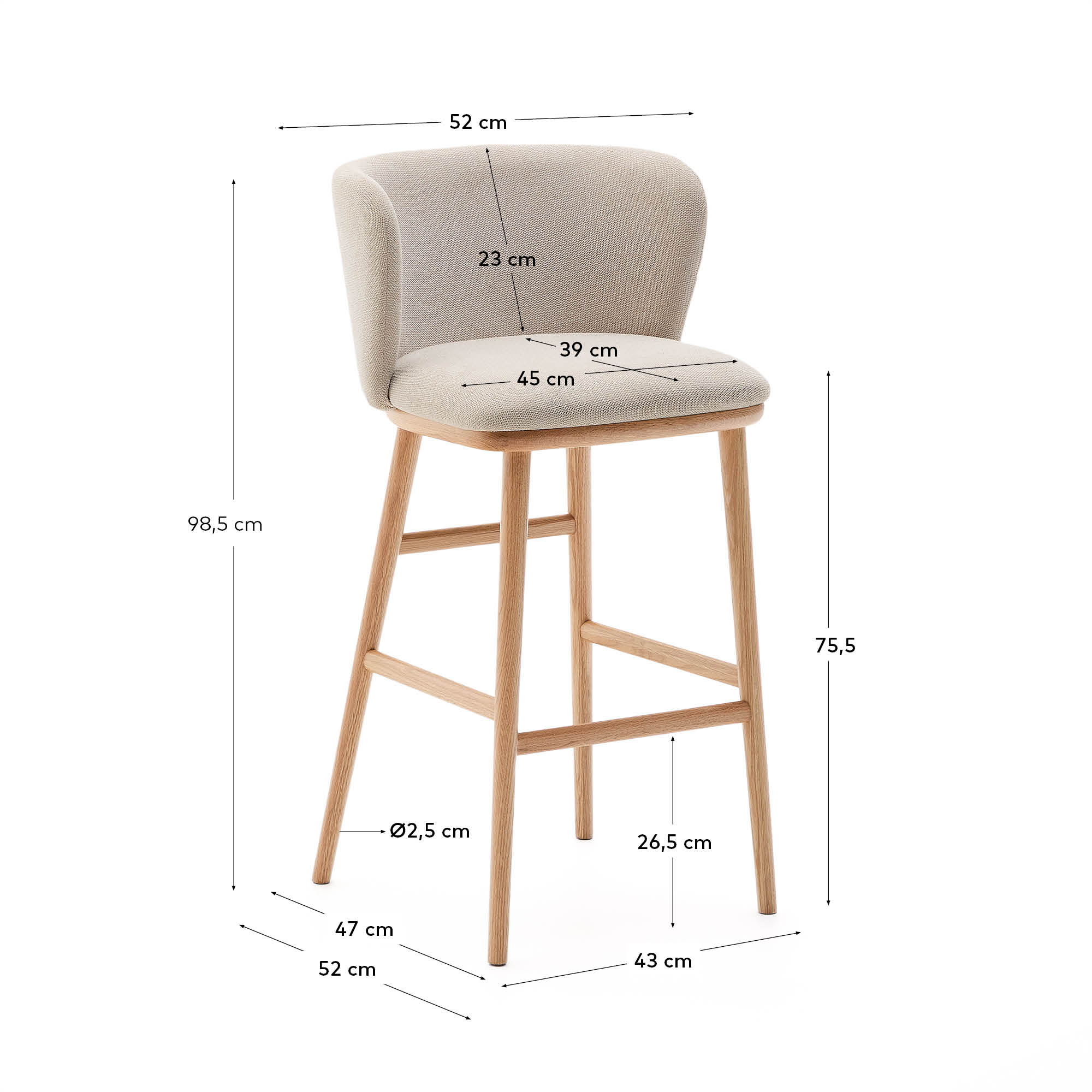 Eleganter Hocker Ciselia in Beige mit weichem Chenille-Bezug und robusten Eschenbeinen. Perfekt für moderne Wohnräume und hohe Tische.