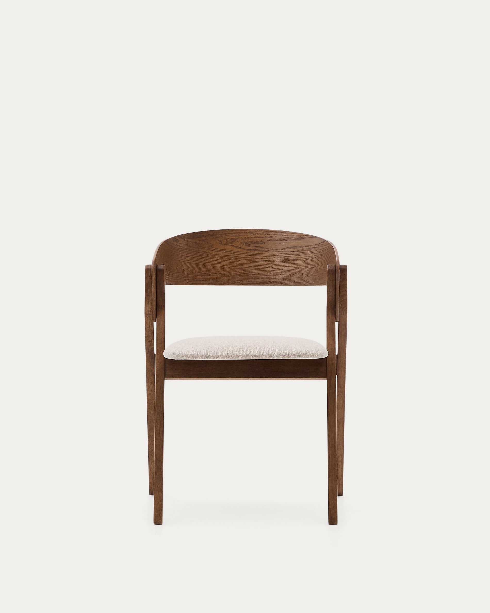 Moderner Godia Stuhl aus Eschefurnier und Kautschukholz mit stilvollem Wengé-Finish, gepolstert in sanftem Beige.