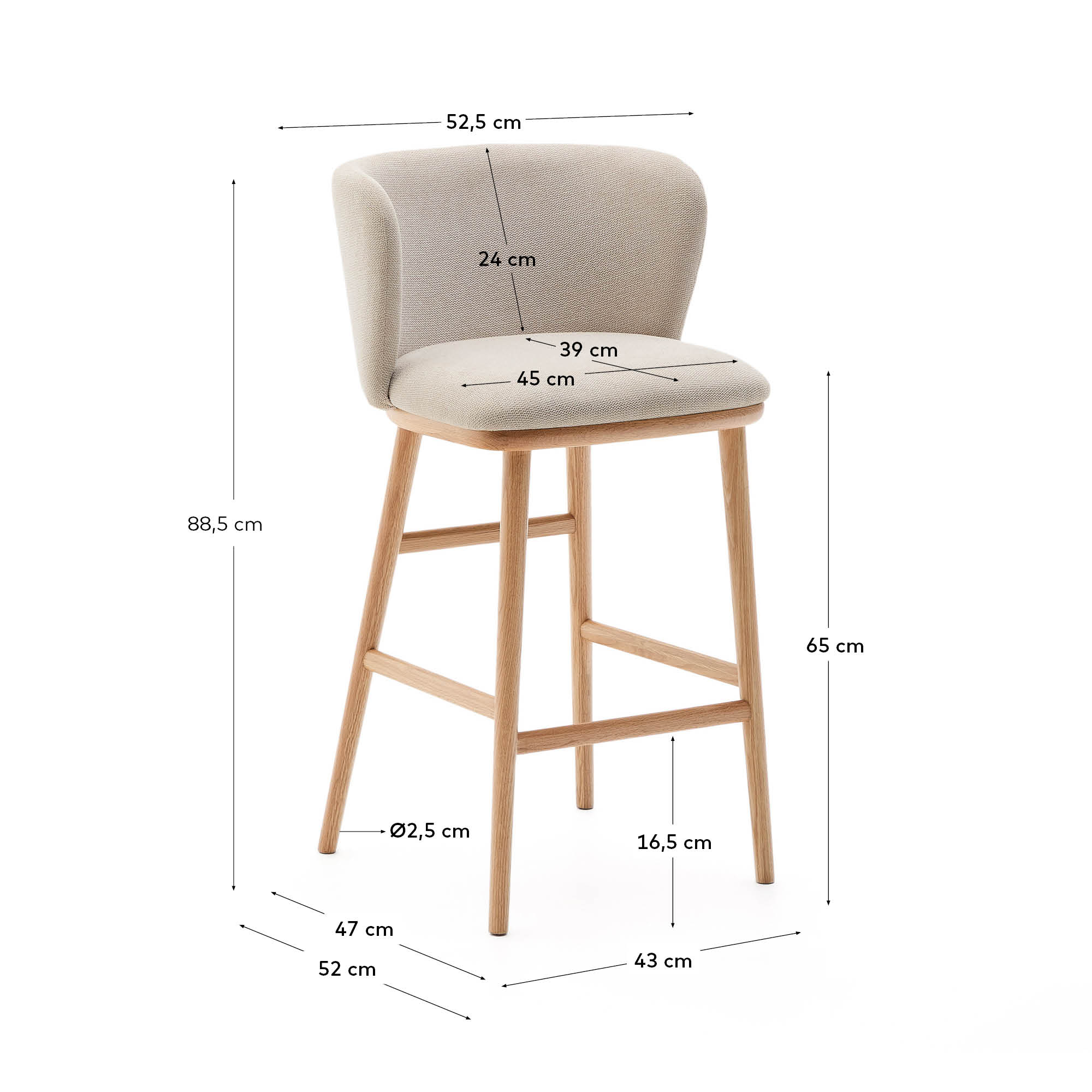 Beige Hocker Ciselia aus Chenille und massiver Esche, mit natürlichem Finish. Perfekt für moderne Wohnräume und gemütliche Bars.