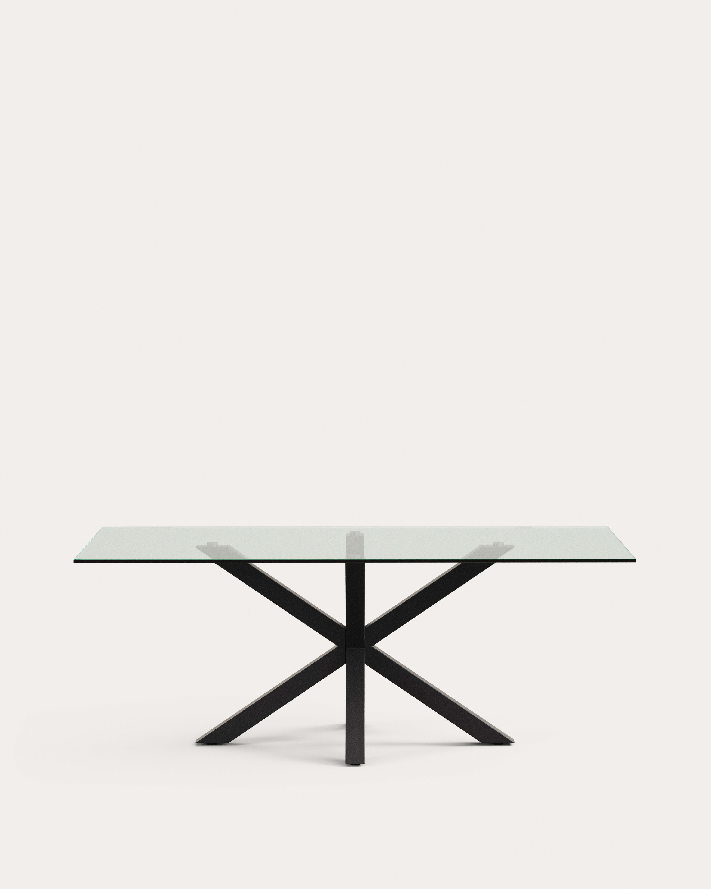 3D-Modell: Argo Tisch, Glasplatte, schwarze Stahlbeine, 200x100 cm, elegant und robust, ideal für gesellige Anlässe.