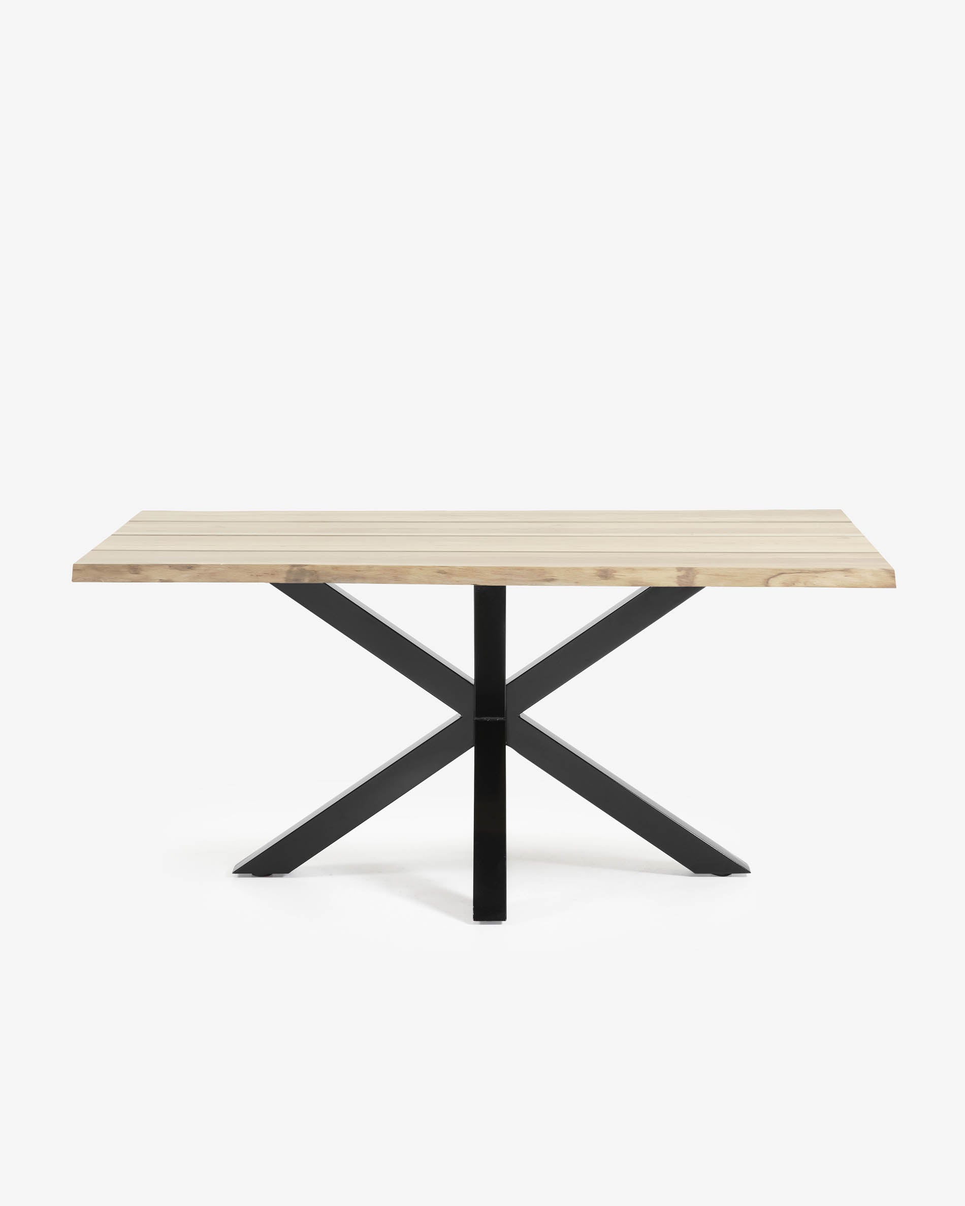 Moderner Esstisch aus Eichenfurnier mit gebleichtem Finish und eleganten Stahlbeinen in Schwarz, ideal für stilvolle Essbereiche.